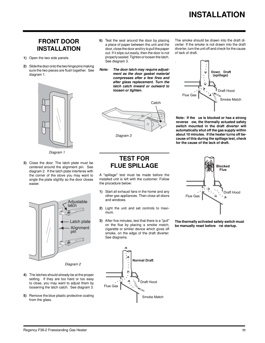 Regency F38-LPG2, F38-NG2 installation manual Front Door Installation, Test for Flue Spillage 