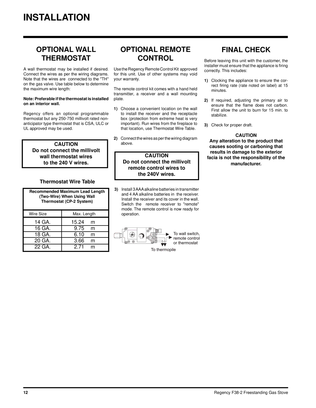 Regency F38-NG2, F38-LPG2 installation manual Final Check, 14 GA 15.24 16 GA 18 GA 20 GA 22 GA 