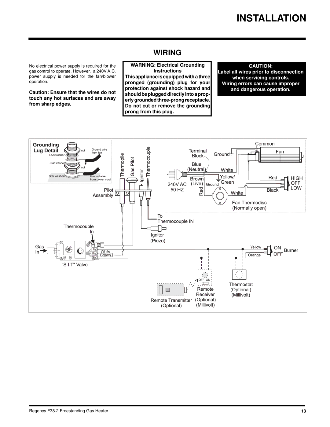 Regency F38-LPG2, F38-NG2 installation manual Wiring 