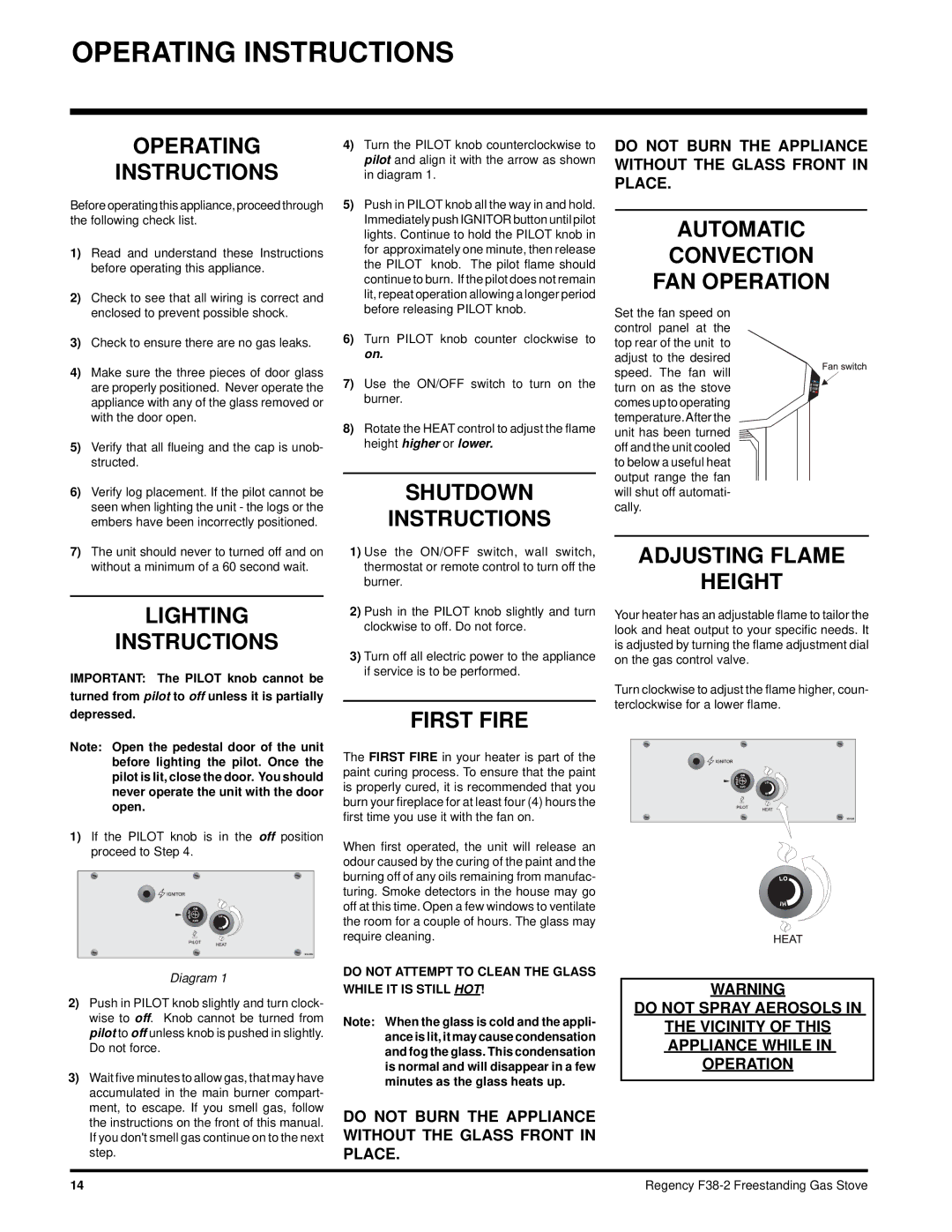 Regency F38-NG2, F38-LPG2 installation manual Operating Instructions 