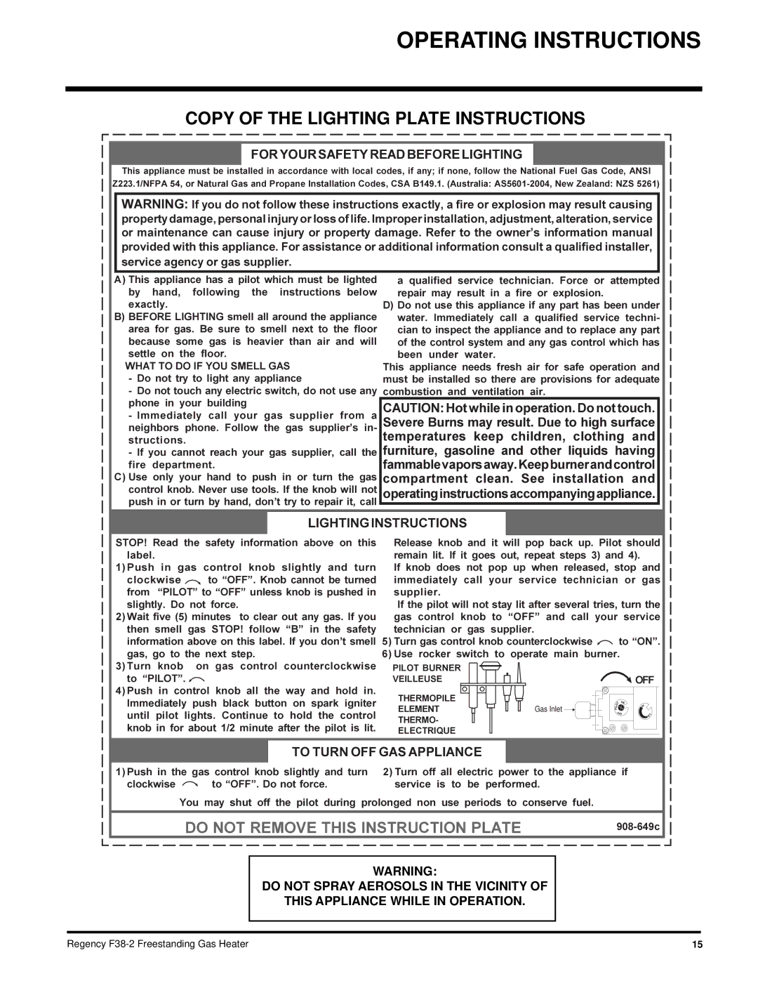 Regency F38-LPG2, F38-NG2 installation manual Copy of the Lighting Plate Instructions, For Your Safety Read Before Lighting 