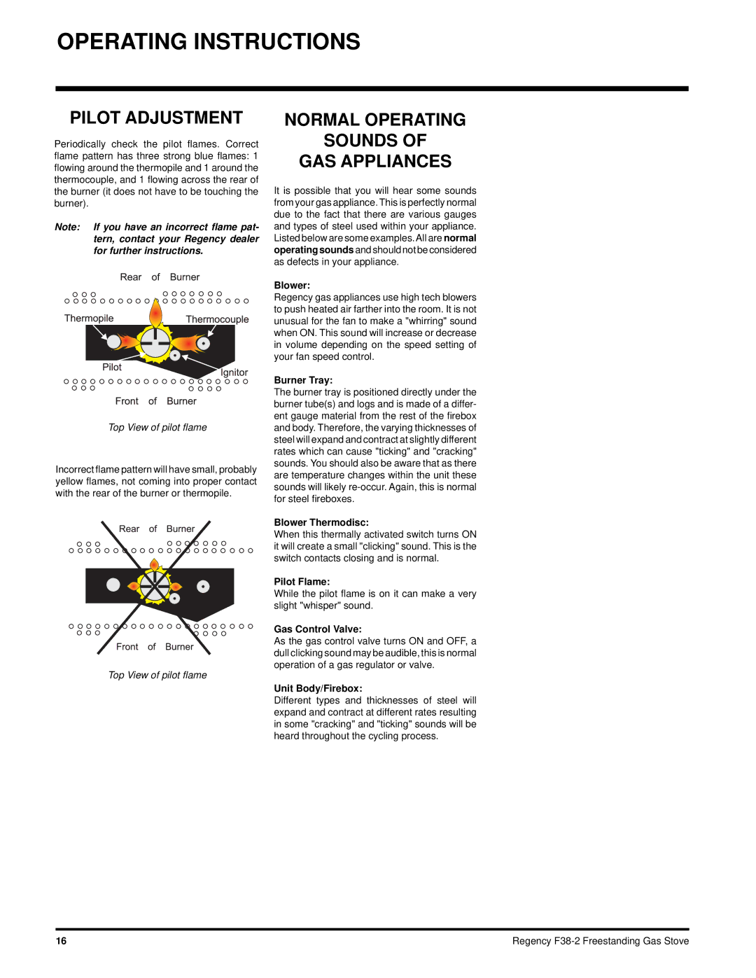 Regency F38-NG2, F38-LPG2 installation manual Pilot Adjustment, Normal Operating Sounds GAS Appliances 