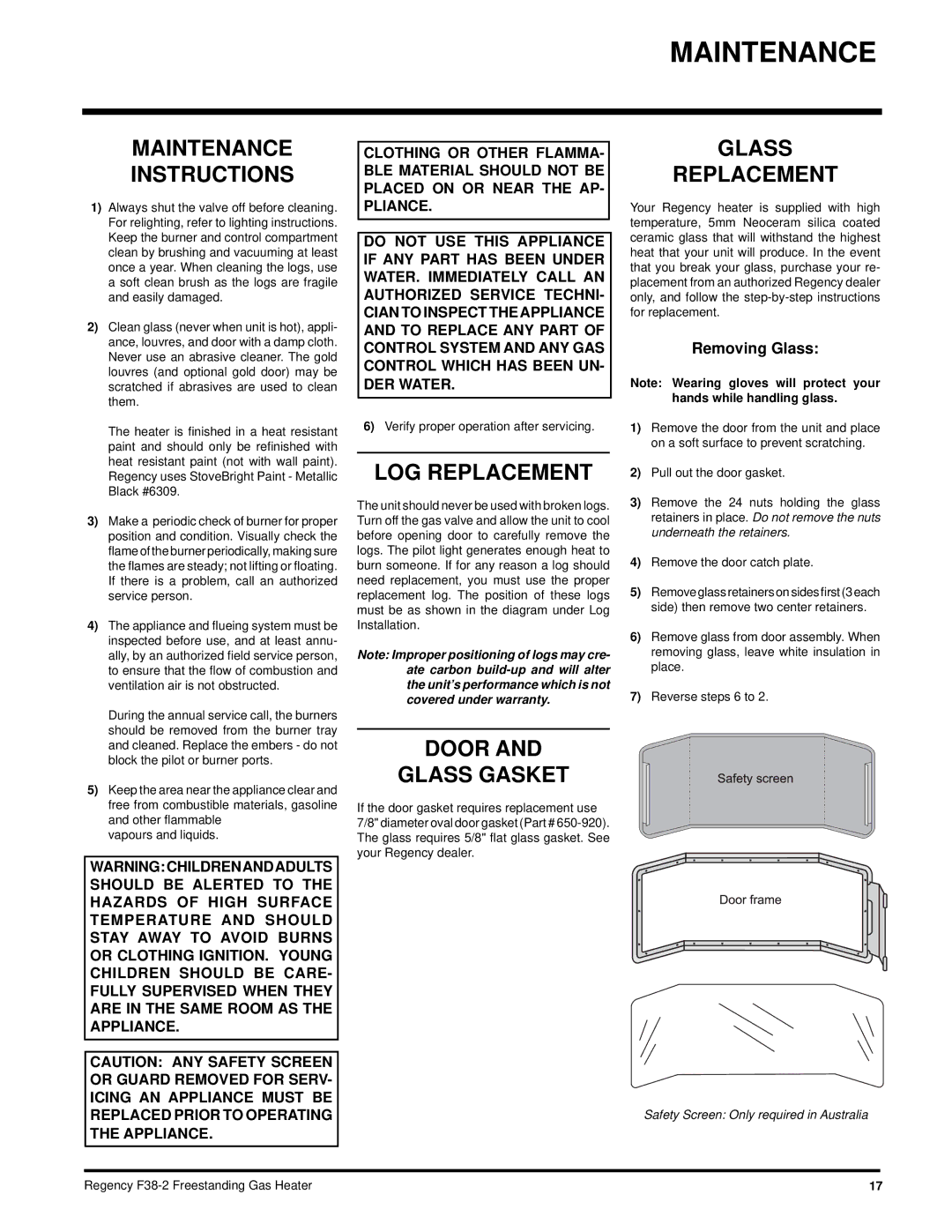 Regency F38-LPG2, F38-NG2 Maintenance Instructions, LOG Replacement, Door Glass Gasket, Glass Replacement 