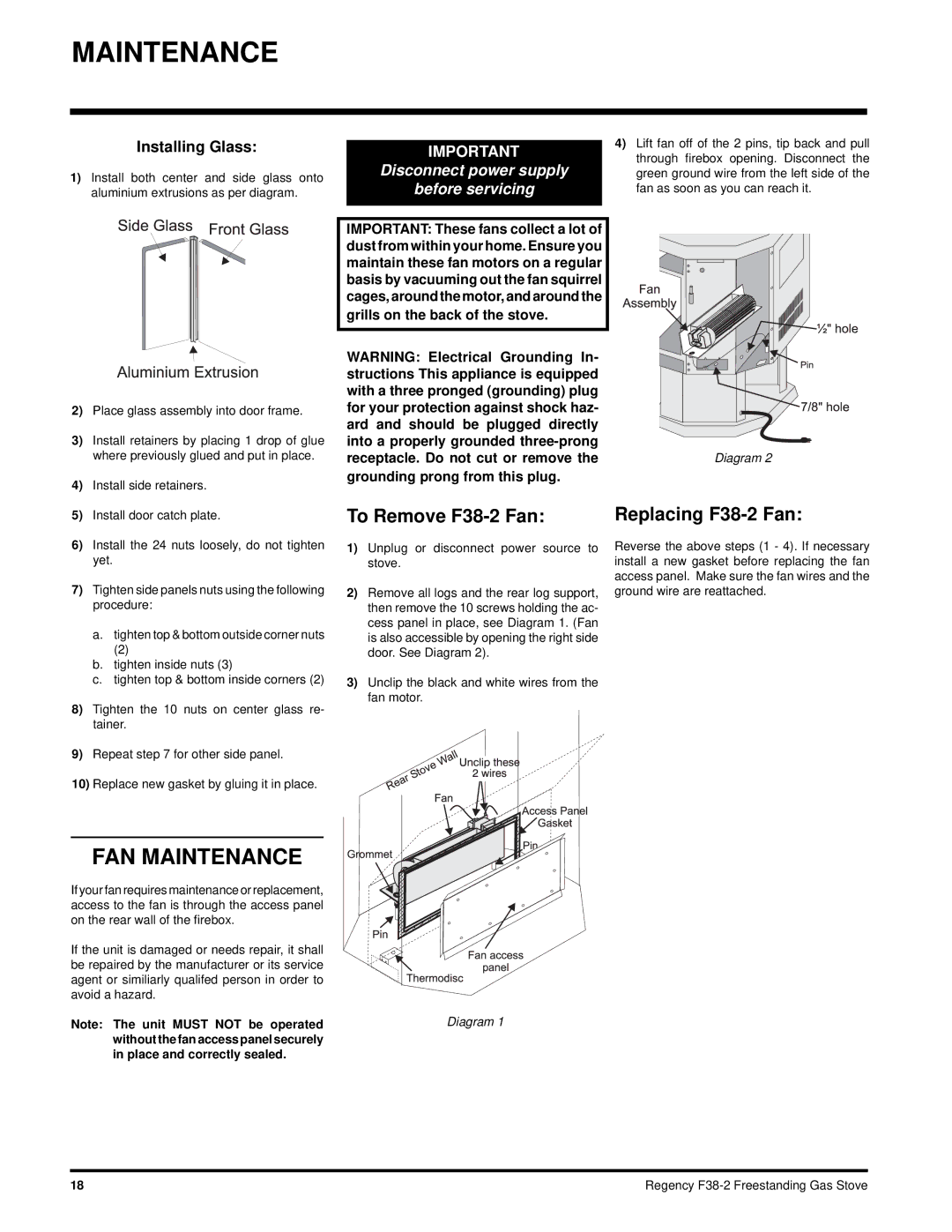 Regency F38-NG2, F38-LPG2 installation manual FAN Maintenance, Installing Glass 