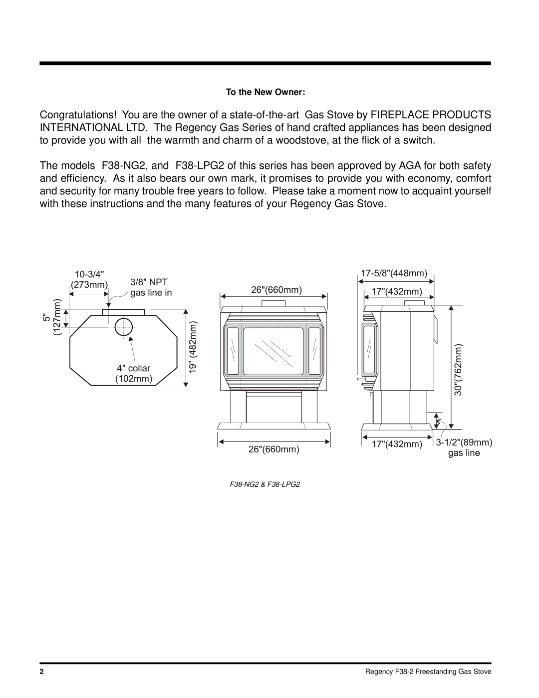 Regency F38-NG2, F38-LPG2 installation manual To the New Owner 