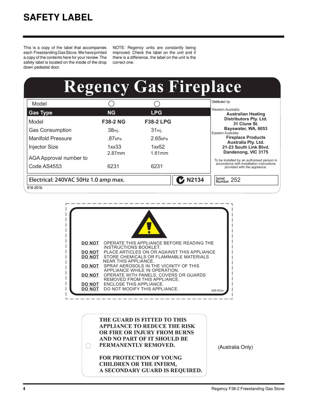 Regency F38-NG2, F38-LPG2 installation manual Regency Gas Fireplace, Safety Label 