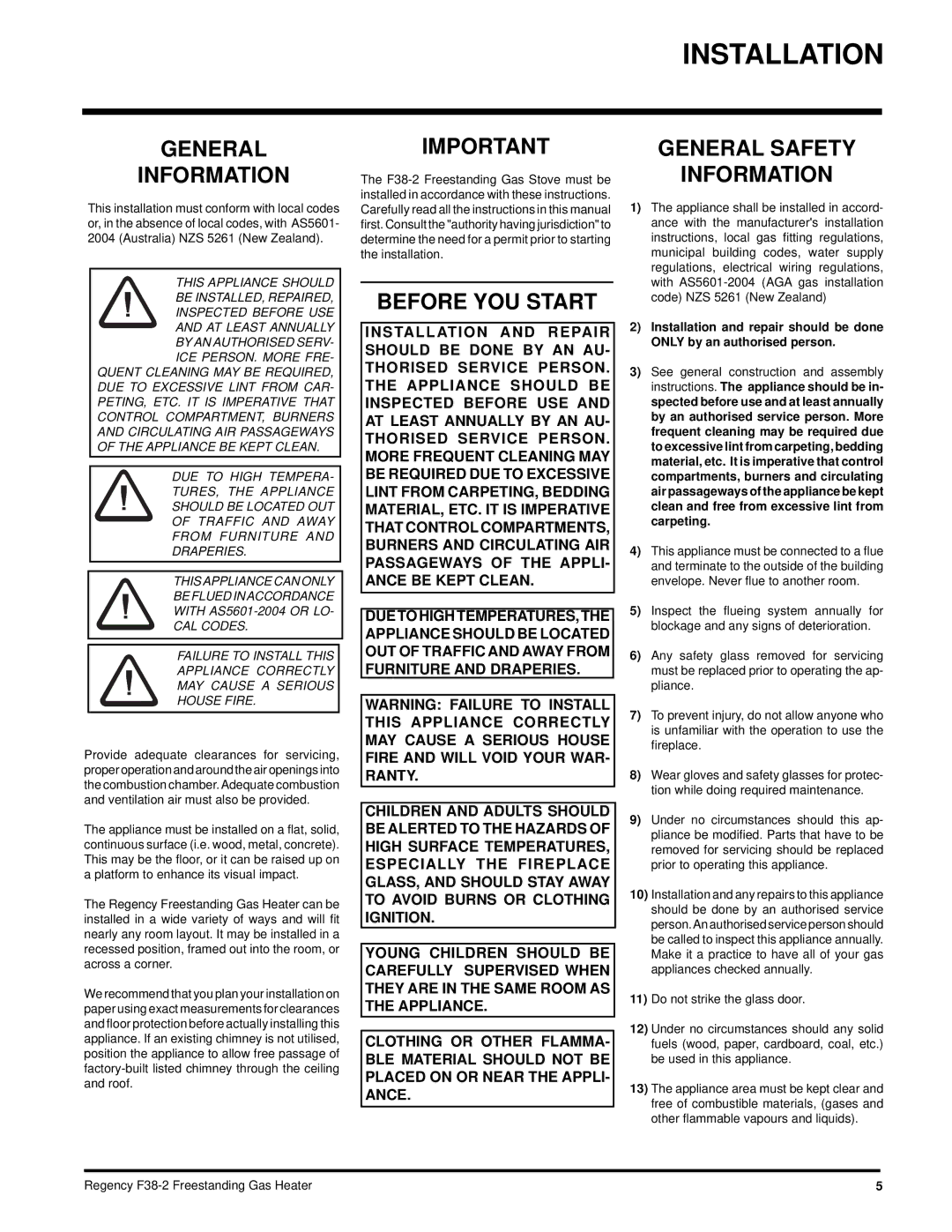 Regency F38-LPG2, F38-NG2 Installation, General Information, Before YOU Start, General Safety Information 