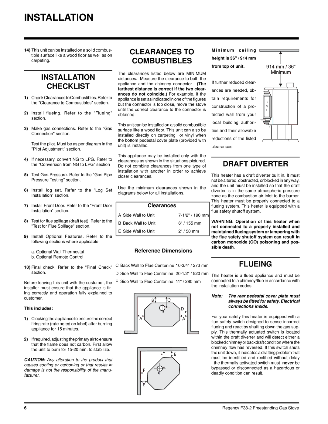 Regency F38-NG2, F38-LPG2 installation manual Installation Checklist, Clearances to Combustibles, Draft Diverter, Flueing 