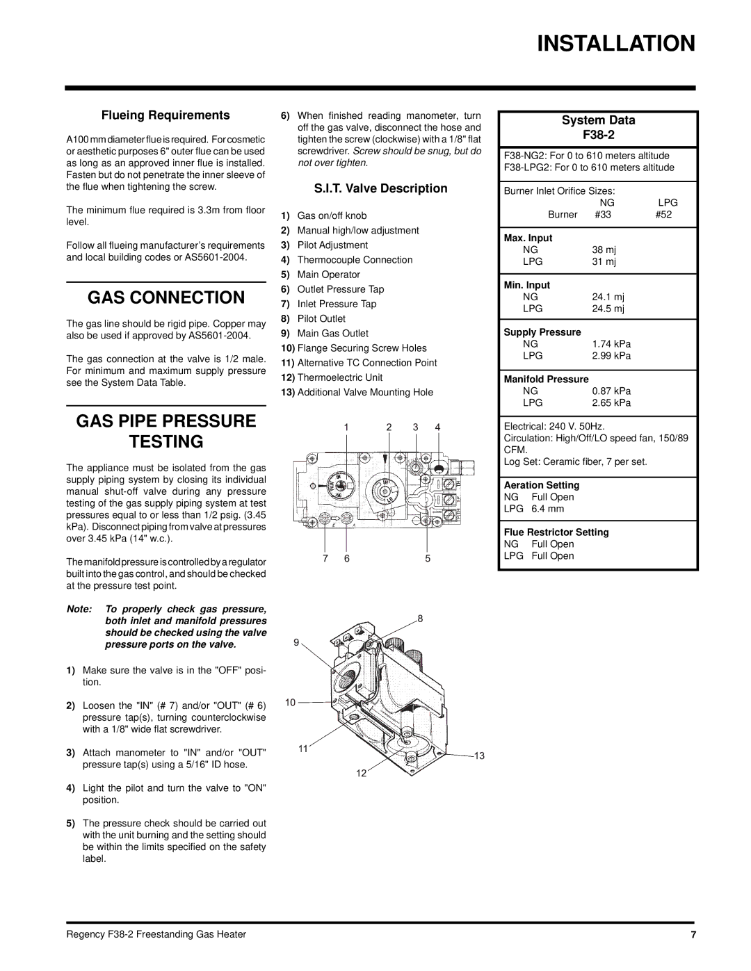 Regency F38-LPG2 GAS Connection, GAS Pipe Pressure Testing, Flueing Requirements, T. Valve Description, System Data F38-2 