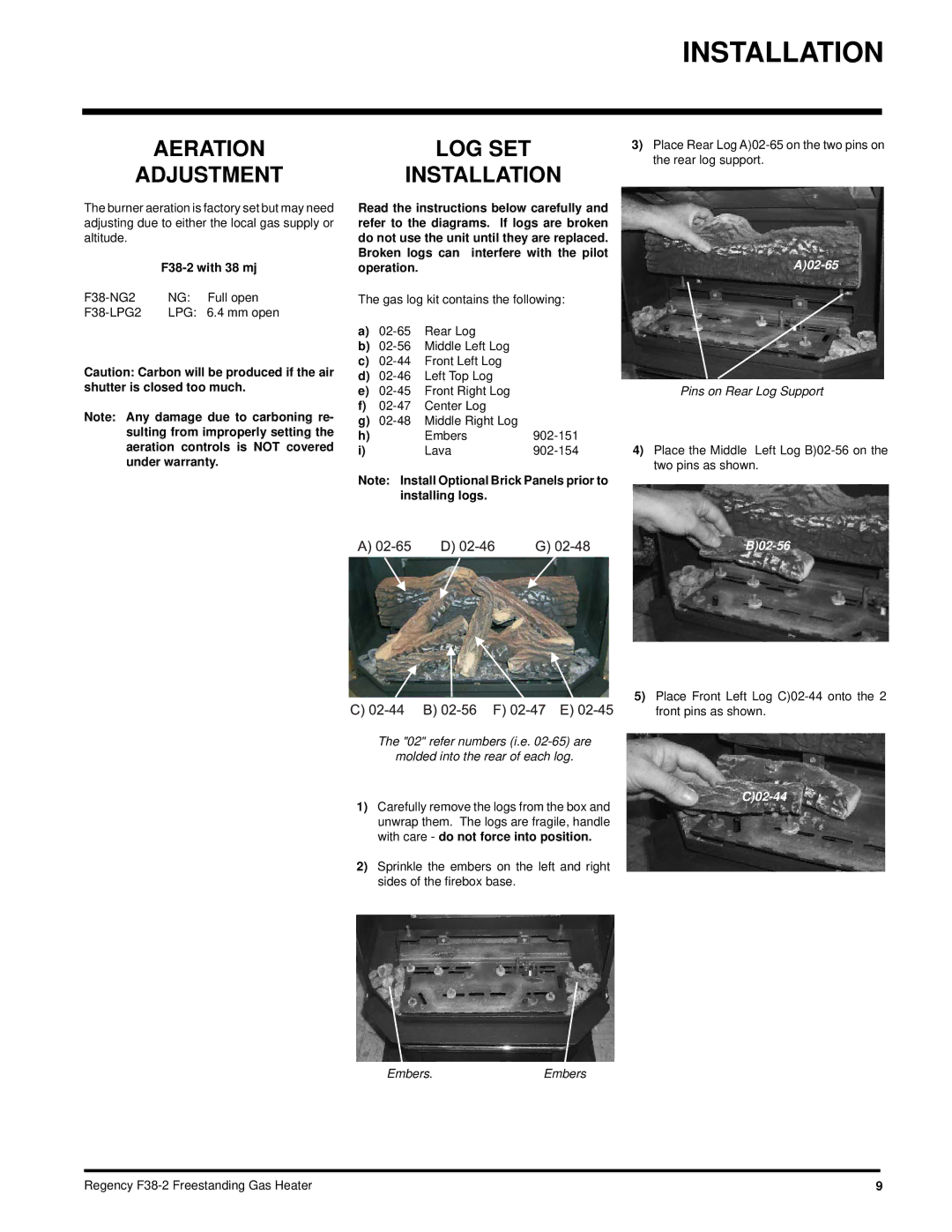 Regency F38-LPG2, F38-NG2 installation manual Aeration Adjustment, LOG SET Installation, F38-2 with 38 mj 