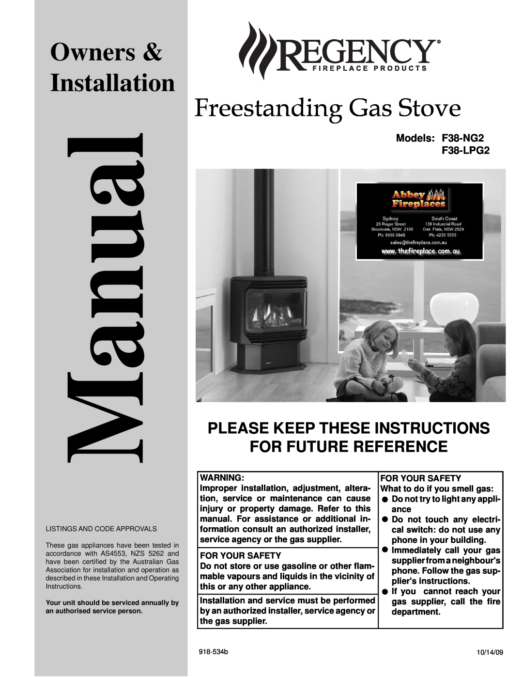 Regency installation manual Please Keep These Instructions, For Future Reference, Models F38-NG2 F38-LPG2, Manual 