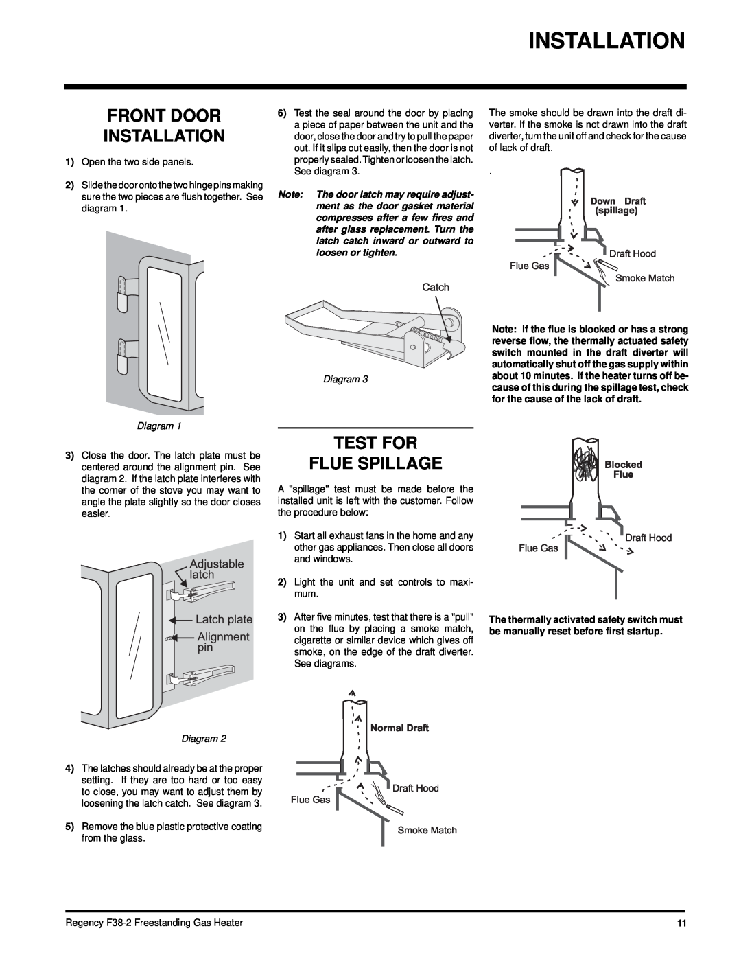 Regency F38-LPG2, F38-NG2 installation manual Front Door Installation, Test For Flue Spillage, Diagram 