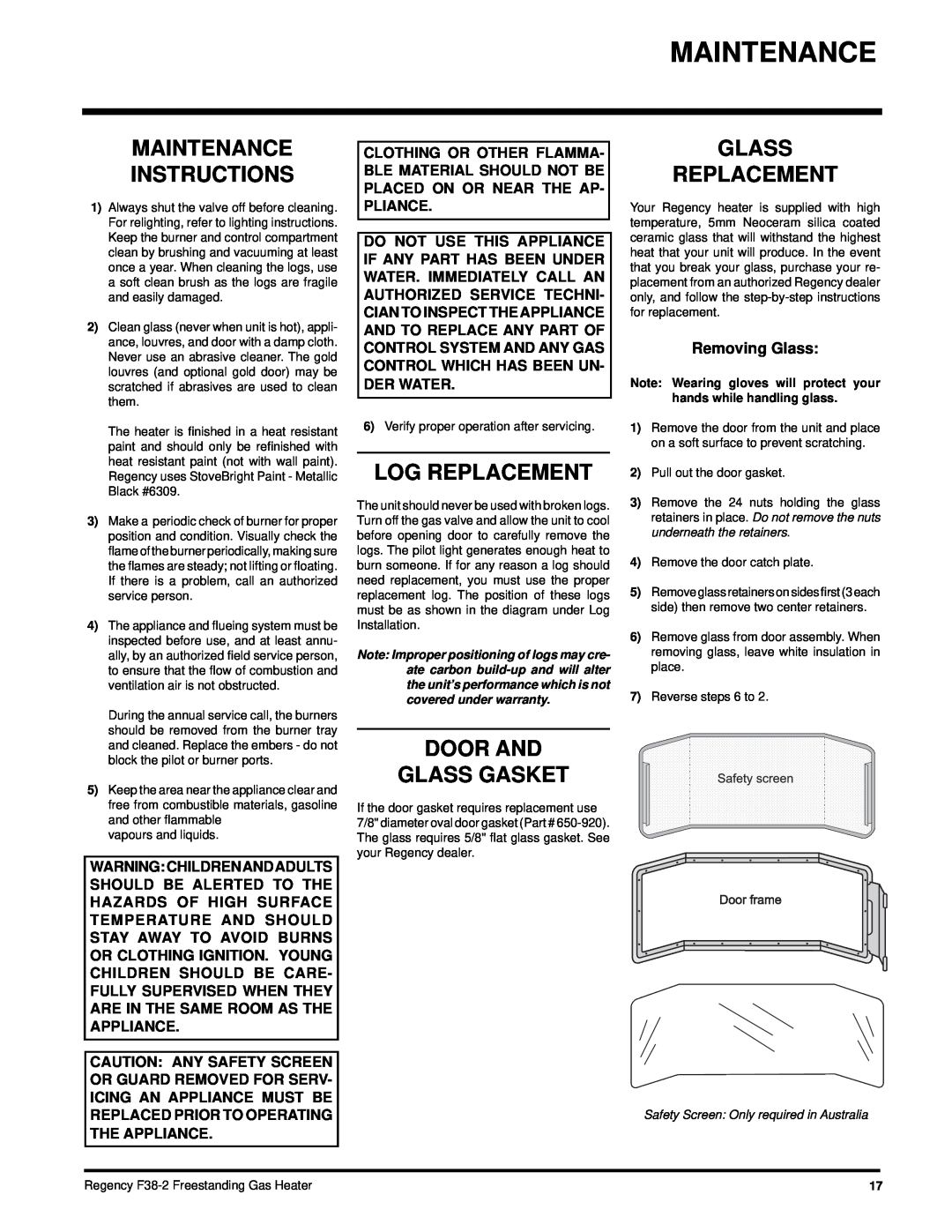 Regency F38-LPG2, F38-NG2 Maintenance Instructions, Log Replacement, Door And Glass Gasket, Glass Replacement 