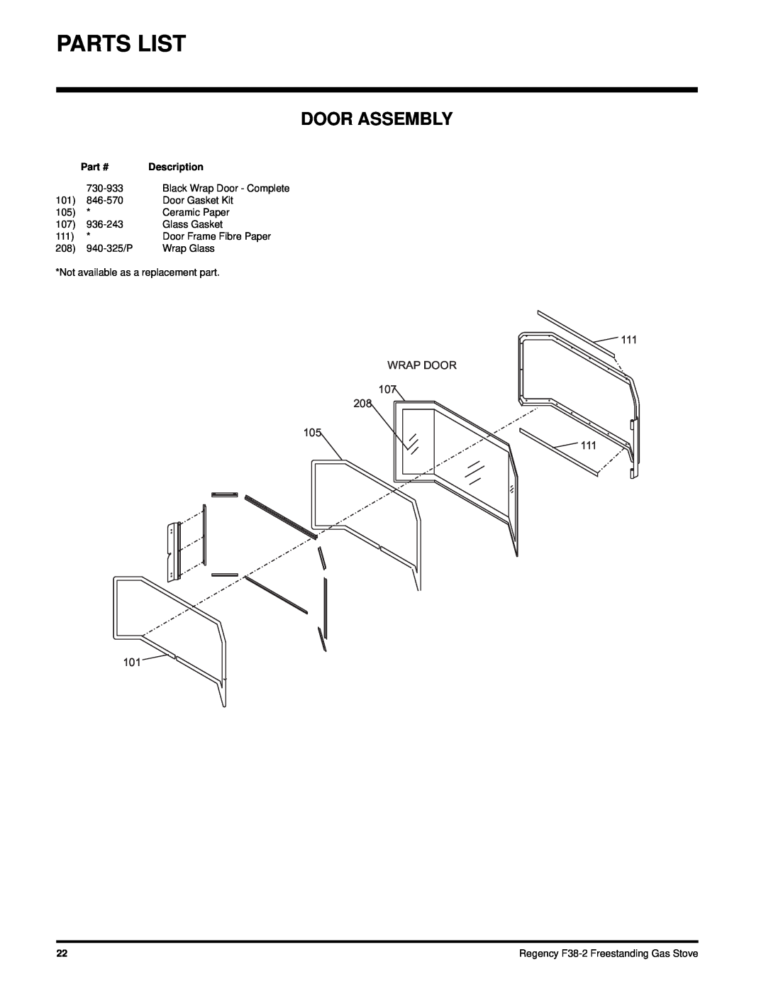 Regency F38-NG2, F38-LPG2 installation manual Door Assembly, Parts List, WRAP DOOR 107, 111 