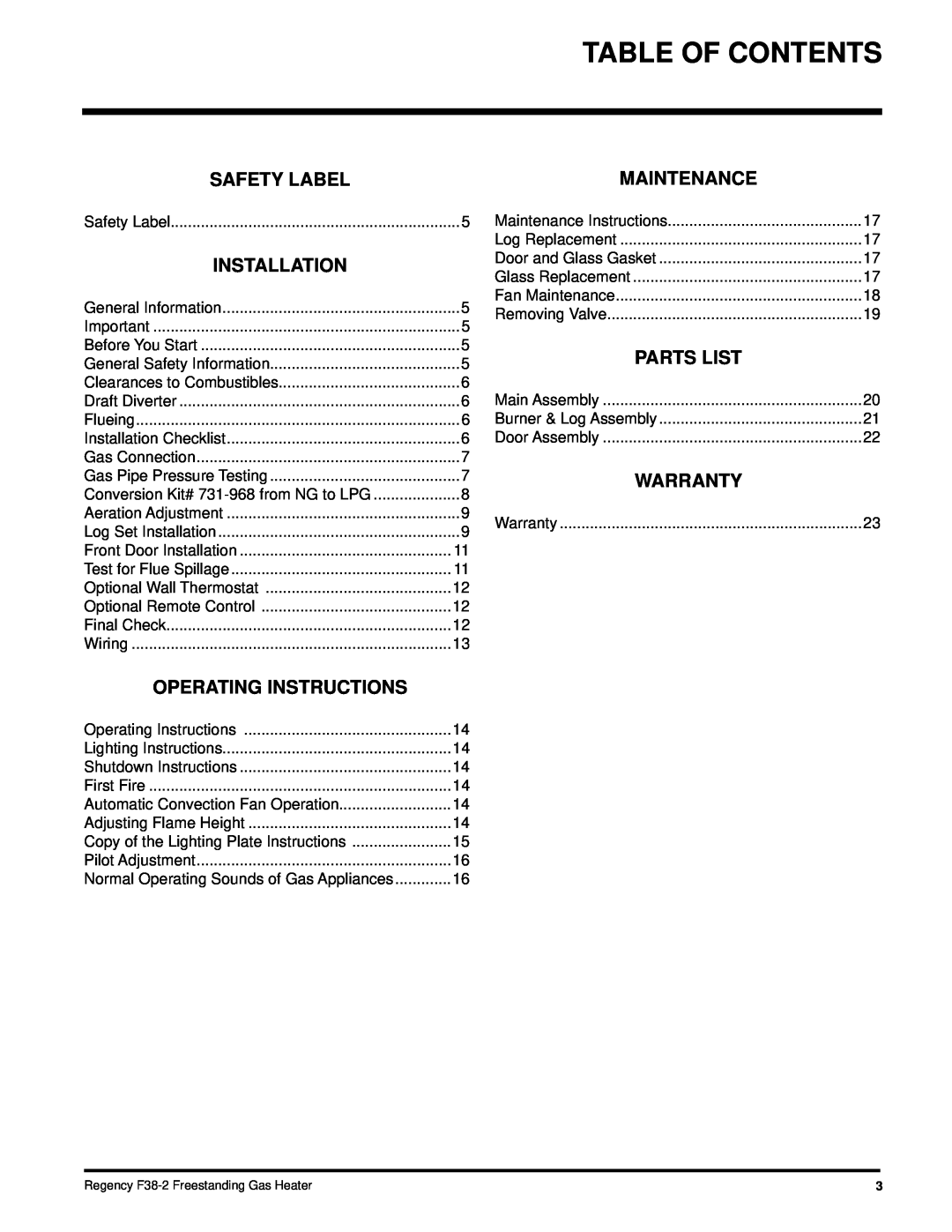 Regency F38-LPG2 Table Of Contents, Safety Label, Installation, Operating Instructions, Parts List, Warranty, Maintenance 