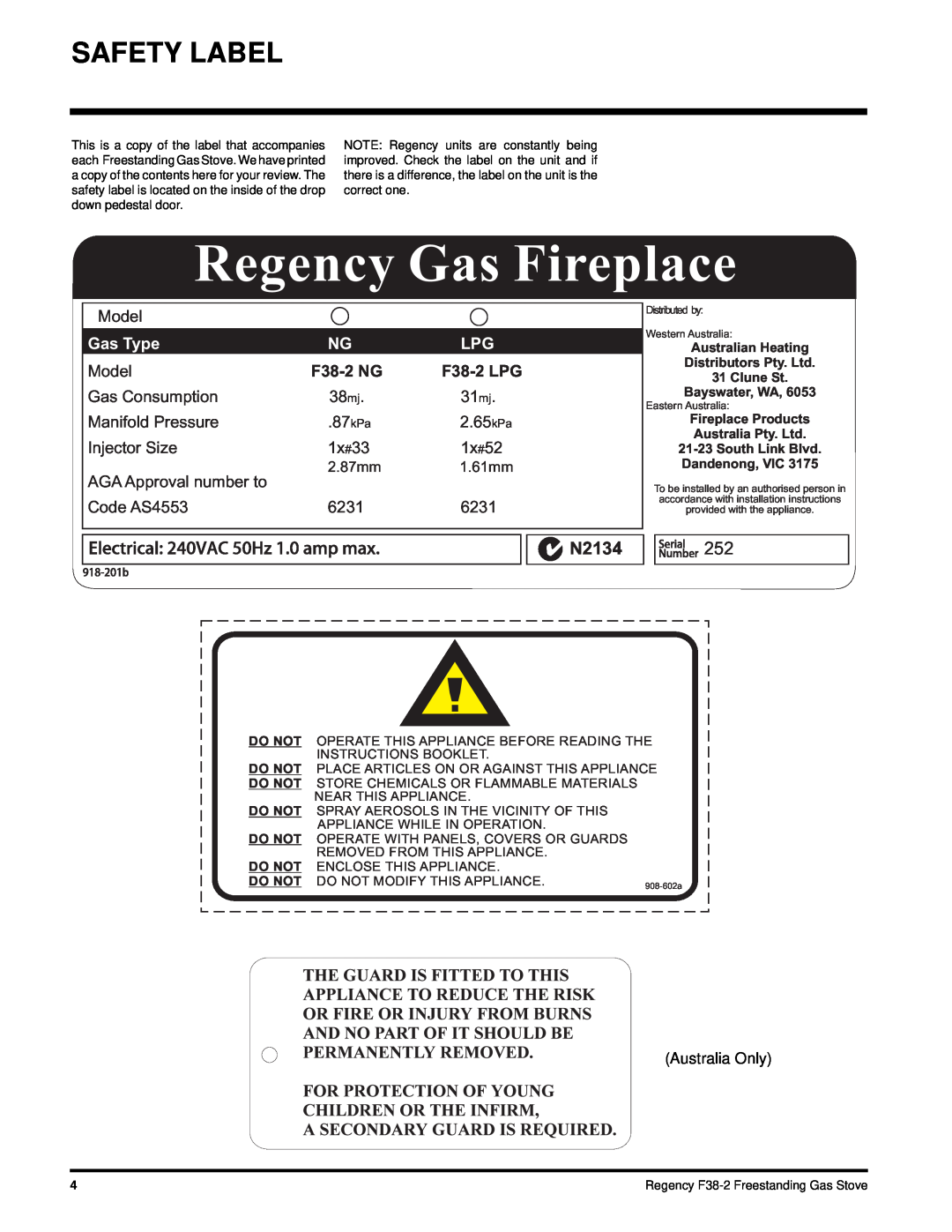 Regency F38-NG2, F38-LPG2 installation manual Safety Label, Regency Gas Fireplace, N2134, Gas Type, F38-2NG, F38-2LPG 