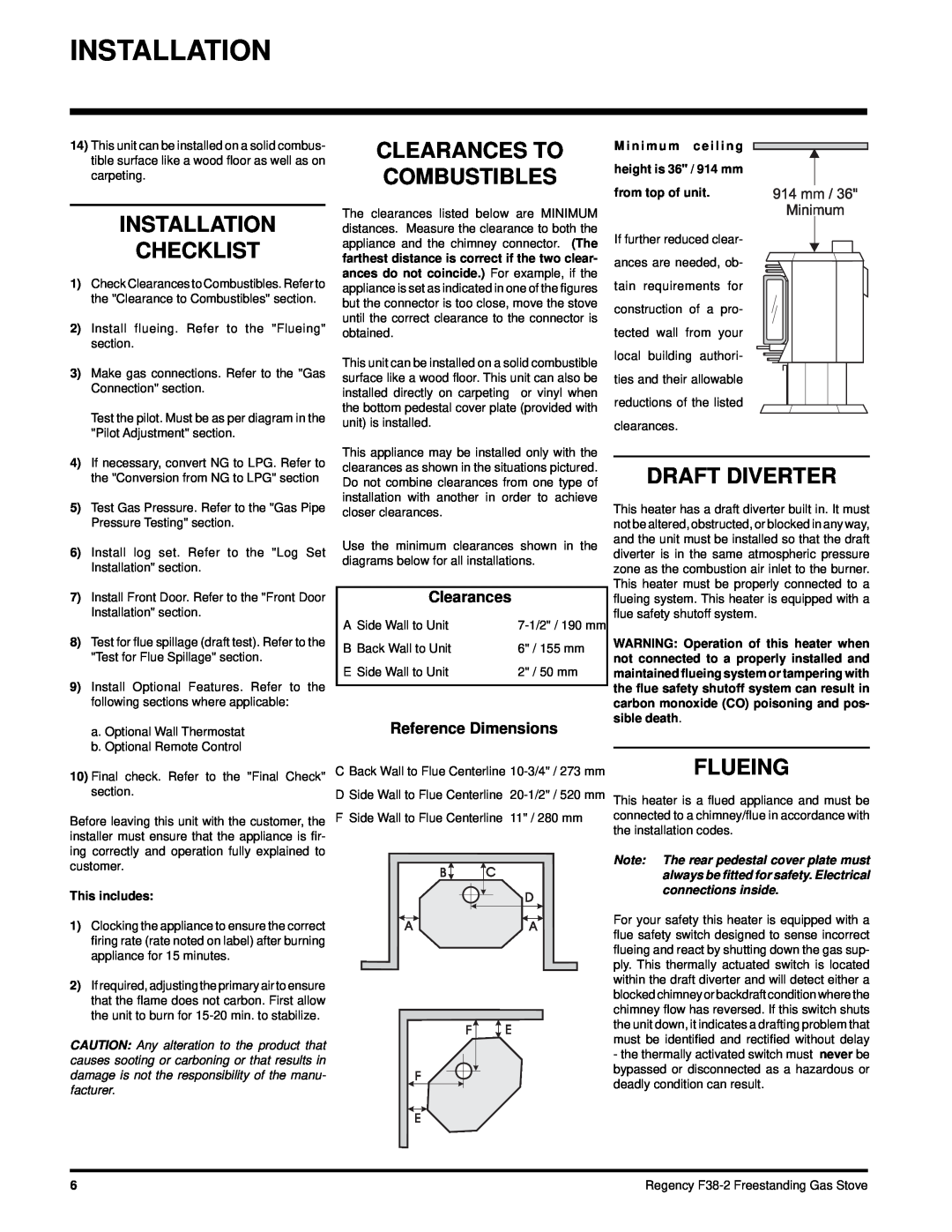 Regency F38-NG2, F38-LPG2 installation manual Installation Checklist, Clearances To Combustibles, Draft Diverter, Flueing 