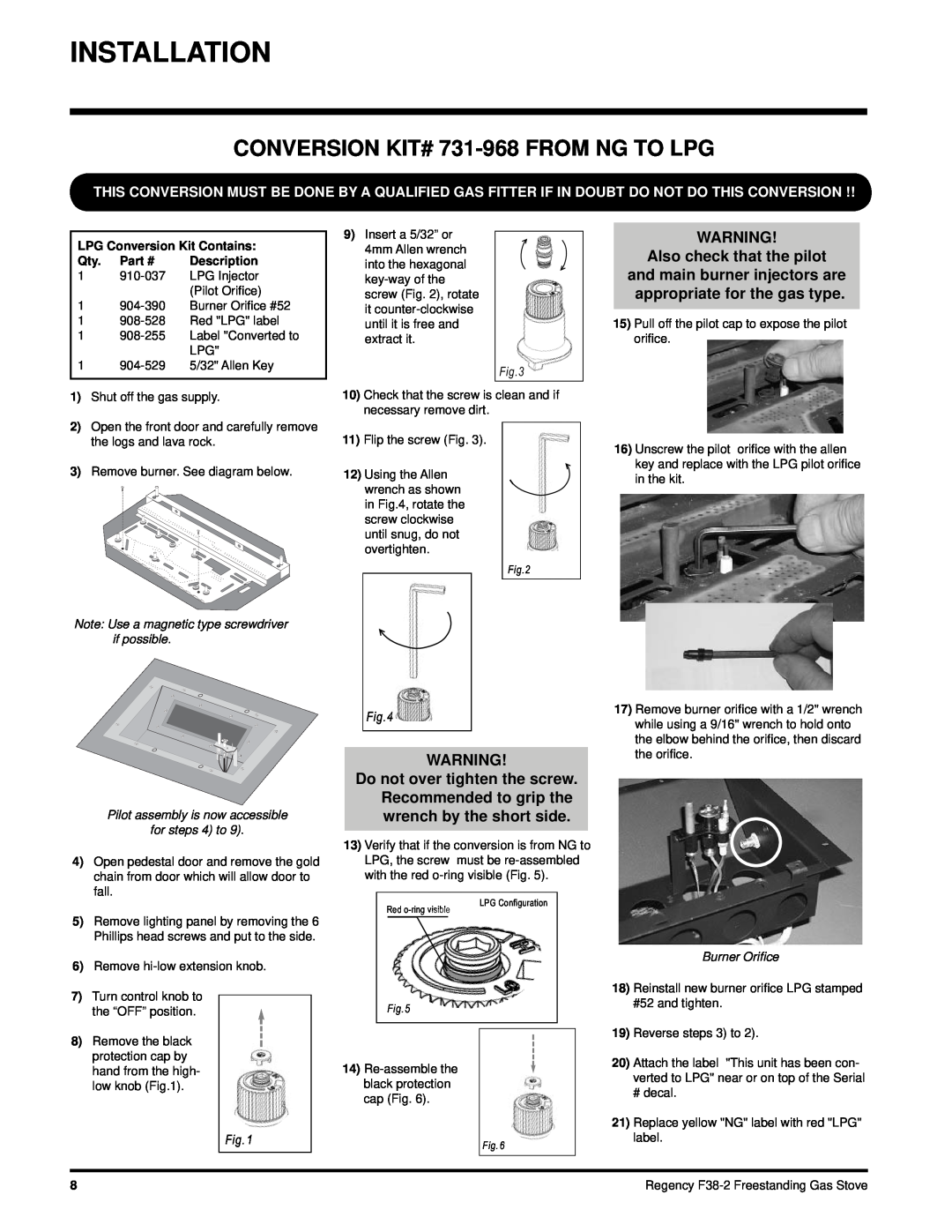 Regency F38-NG2, F38-LPG2 installation manual CONVERSION KIT# 731-968FROM NG TO LPG, Installation 
