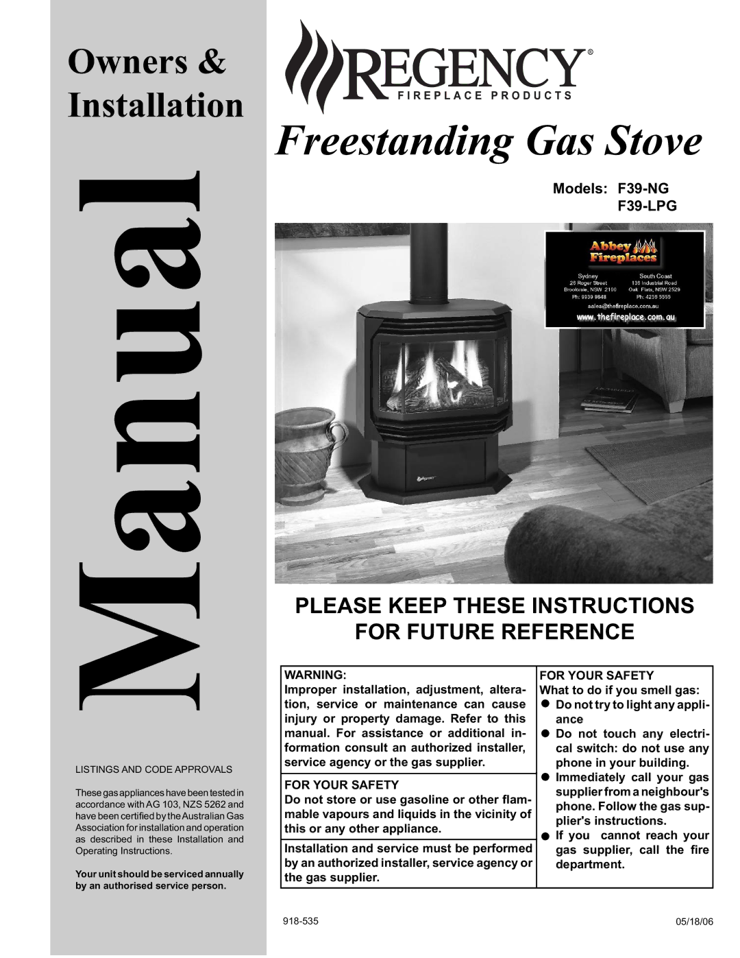 Regency F39-LPG, F39-NG installation manual Please Keep These Instructions For Future Reference, 05/18/06 