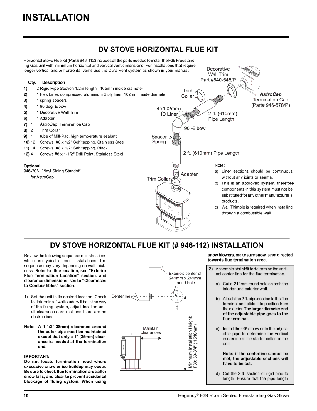 Regency F39-NG, F39-LPG DV Stove Horizontal Flue KIT # 946-112 Installation, Qty. Description, Optional 