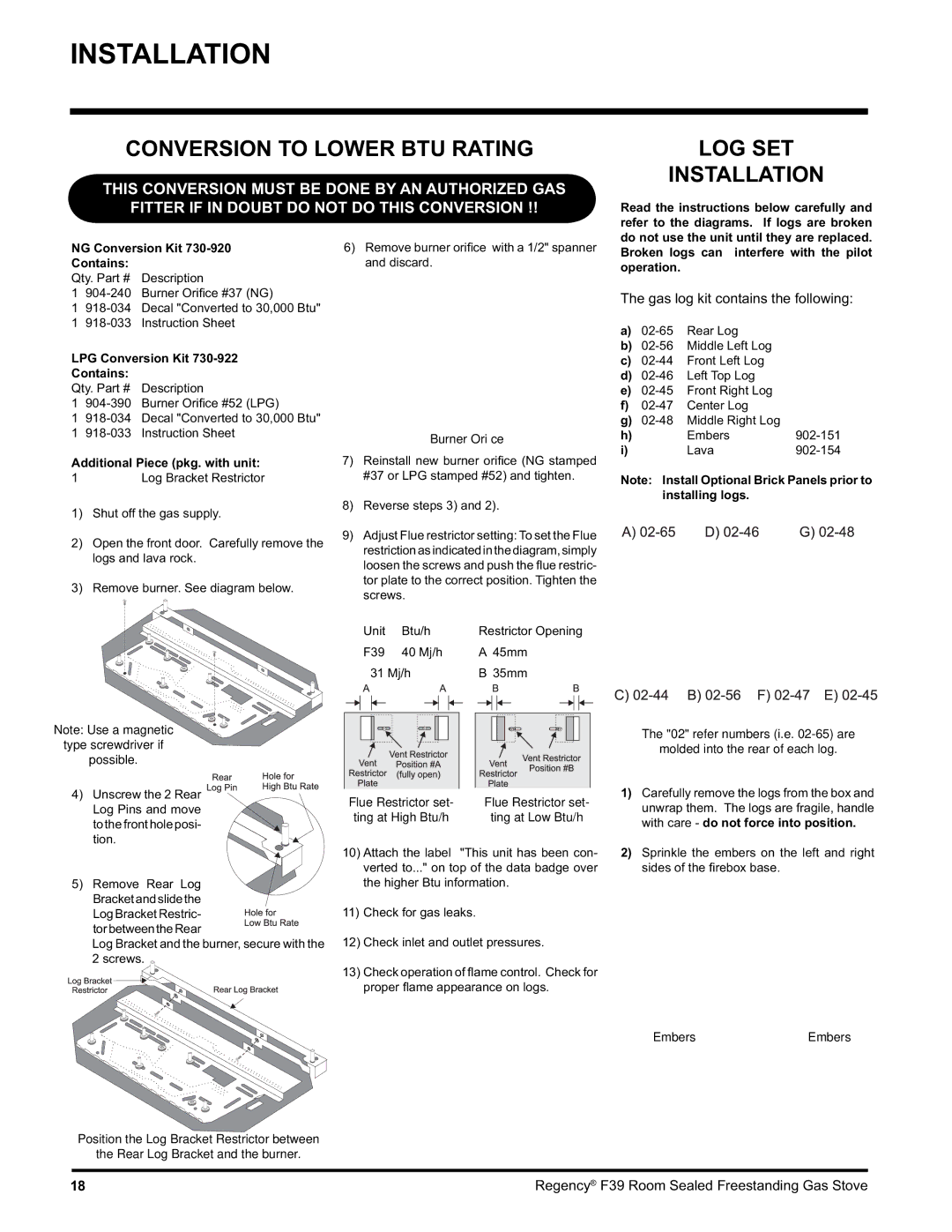 Regency F39-NG, F39-LPG installation manual Conversion to Lower BTU Rating, LOG SET Installation 