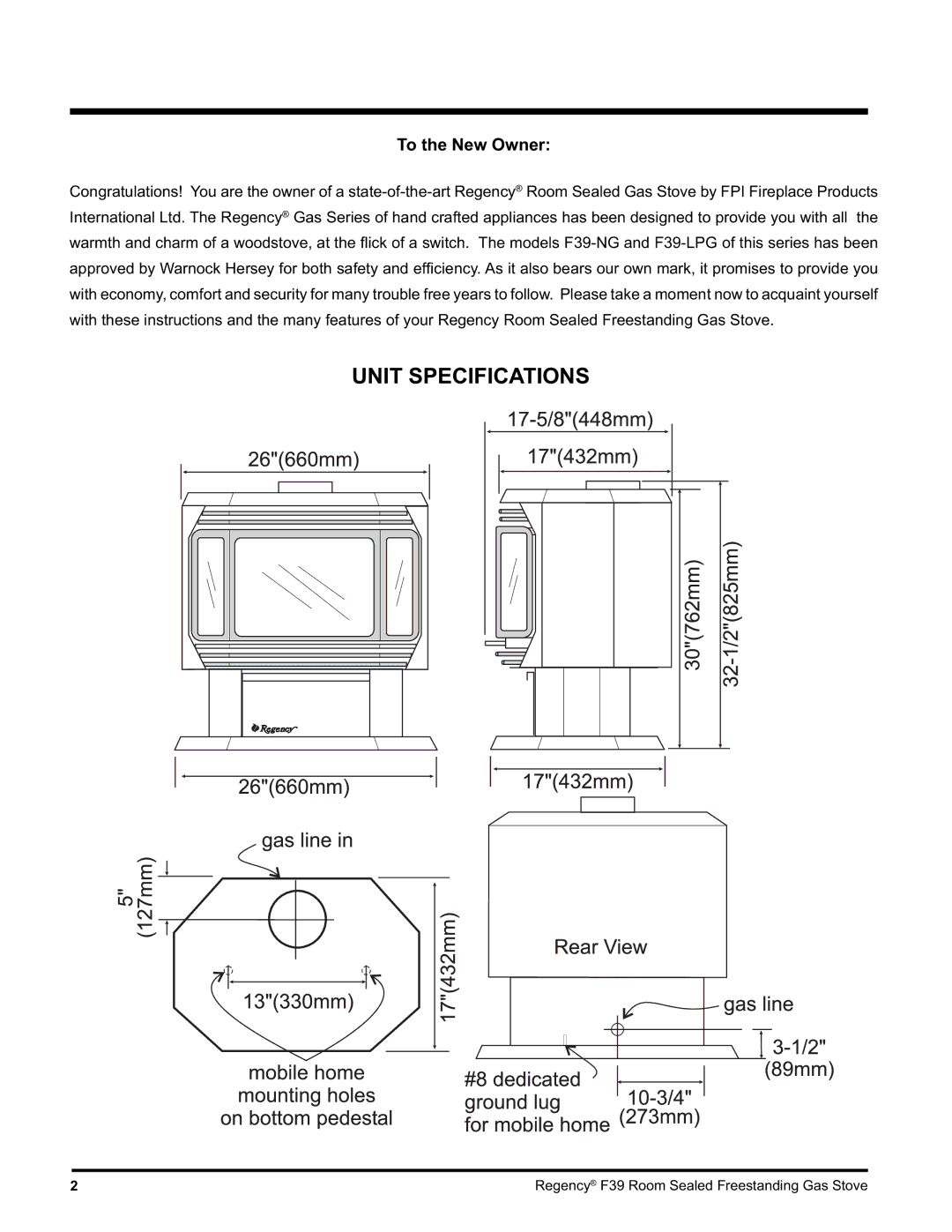 Regency F39-NG, F39-LPG installation manual Unit Specifications, Regency F39 Room Sealed Freestanding Gas Stove 