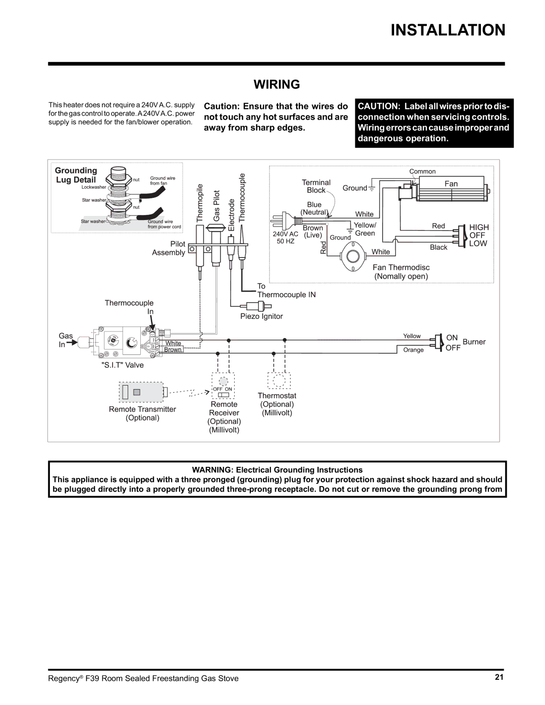 Regency F39-LPG, F39-NG installation manual Wiring 