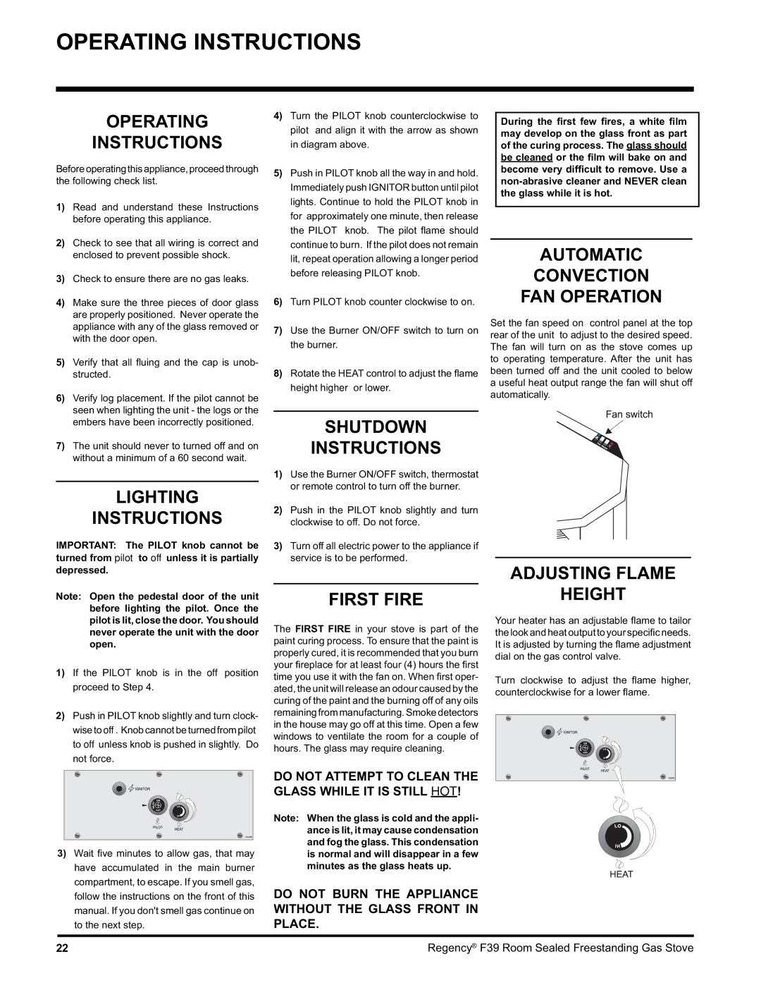 Regency F39-NG, F39-LPG installation manual Operating Instructions 