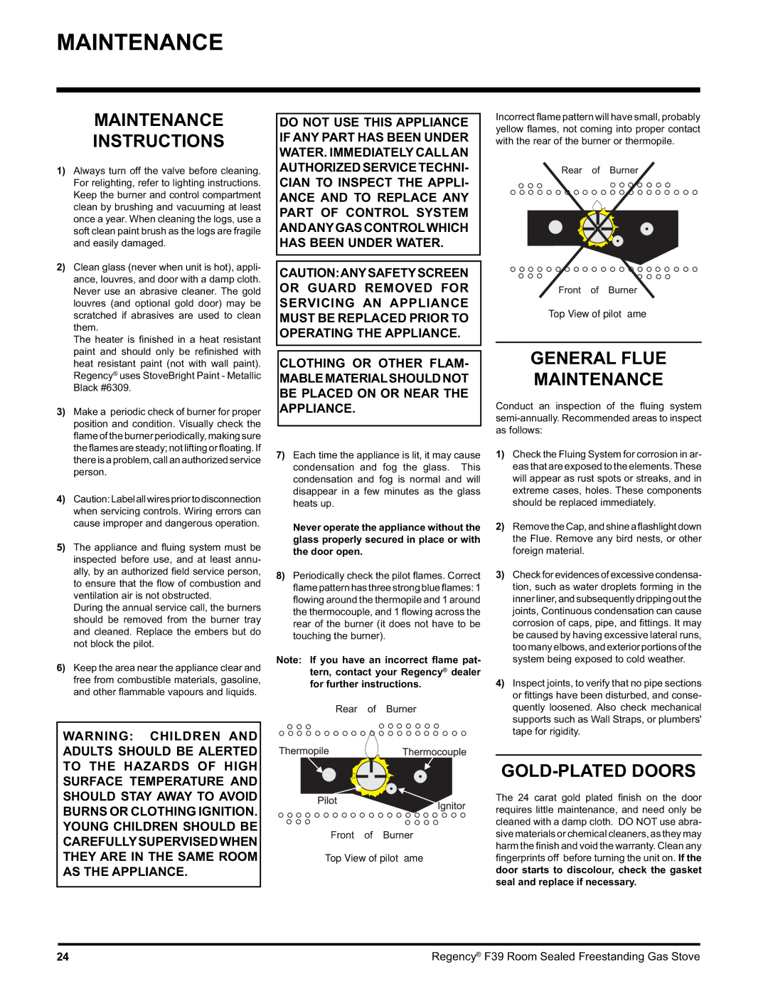 Regency F39-NG Maintenance Instructions, General Flue Maintenance, GOLD-PLATED Doors, Seal and replace if necessary 