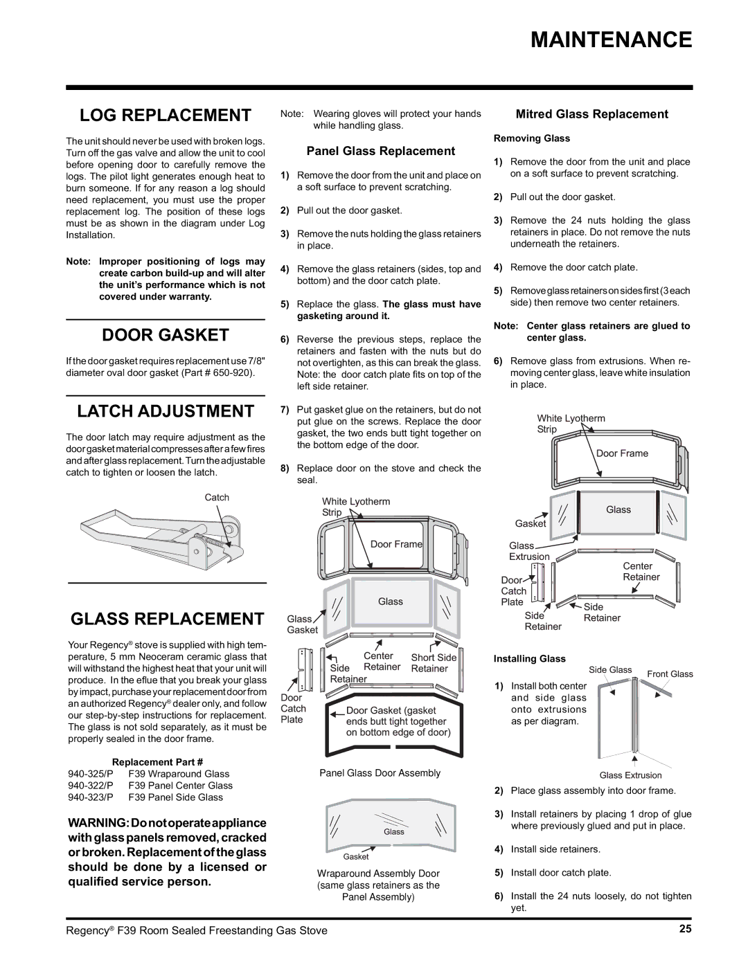 Regency F39-LPG, F39-NG installation manual LOG Replacement, Door Gasket, Latch Adjustment, Glass Replacement 