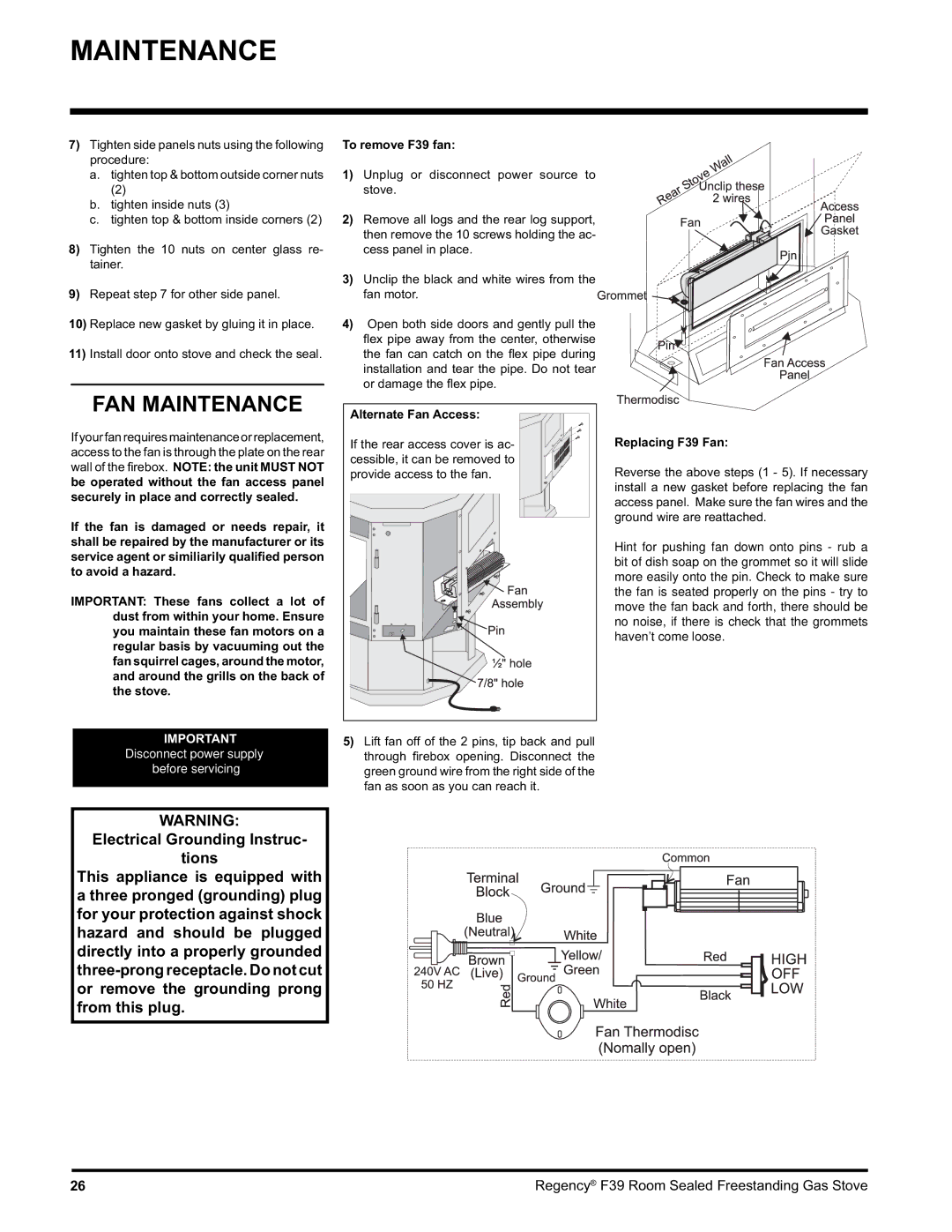 Regency F39-NG, F39-LPG installation manual FAN Maintenance, To remove F39 fan, Alternate Fan Access, Replacing F39 Fan 