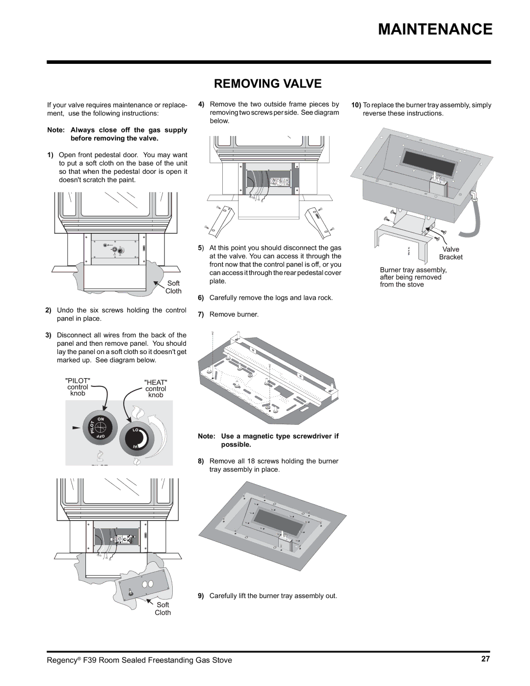 Regency F39-LPG, F39-NG installation manual Removing Valve 