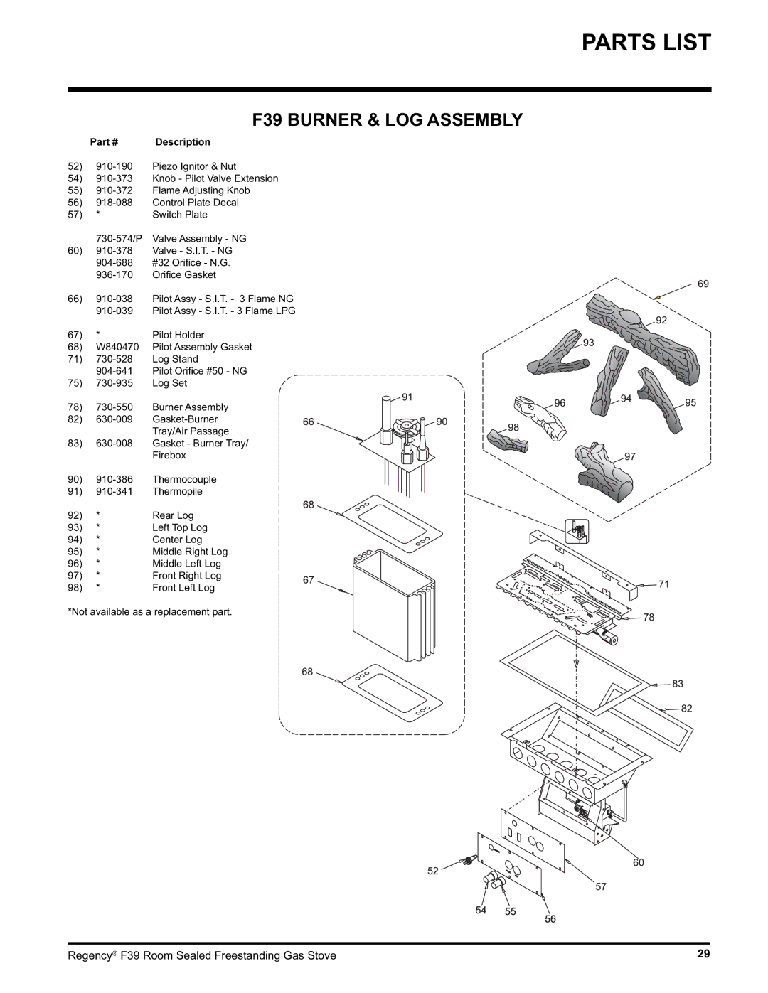 Regency F39-LPG, F39-NG installation manual F39 Burner & LOG Assembly 