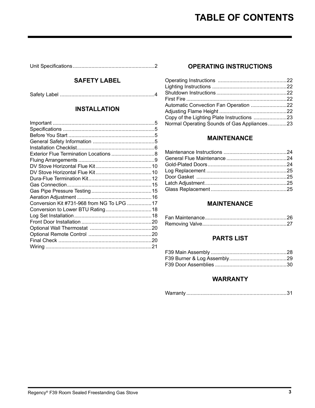 Regency F39-LPG, F39-NG installation manual Table of Contents 