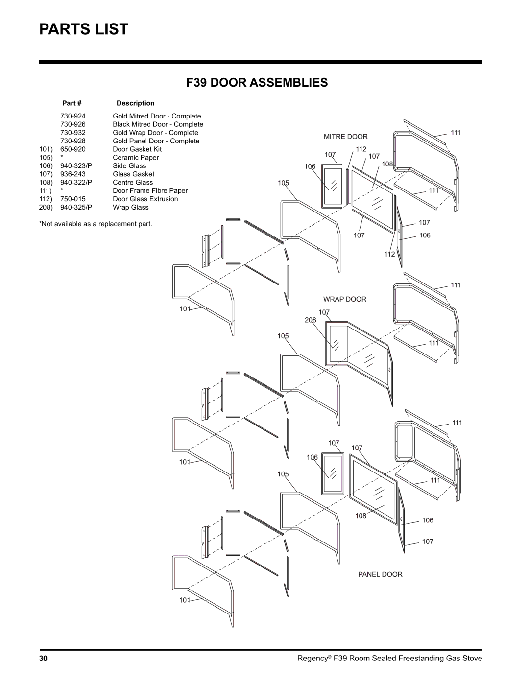 Regency F39-NG, F39-LPG Door Gasket Kit, Ceramic Paper, 940-323/P Side Glass, Glass Gasket, 940-322/P Centre Glass 