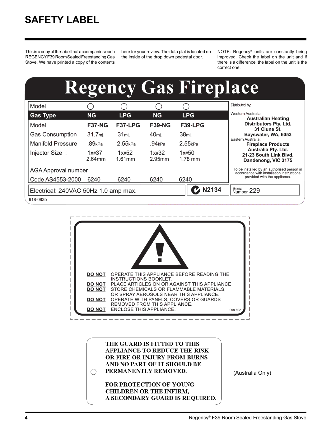 Regency F39-NG, F39-LPG installation manual Safety Label 