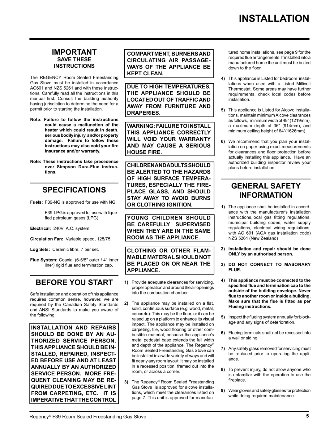 Regency F39-LPG, F39-NG installation manual Installation, Specifications, Before YOU Start, General Safety Information 