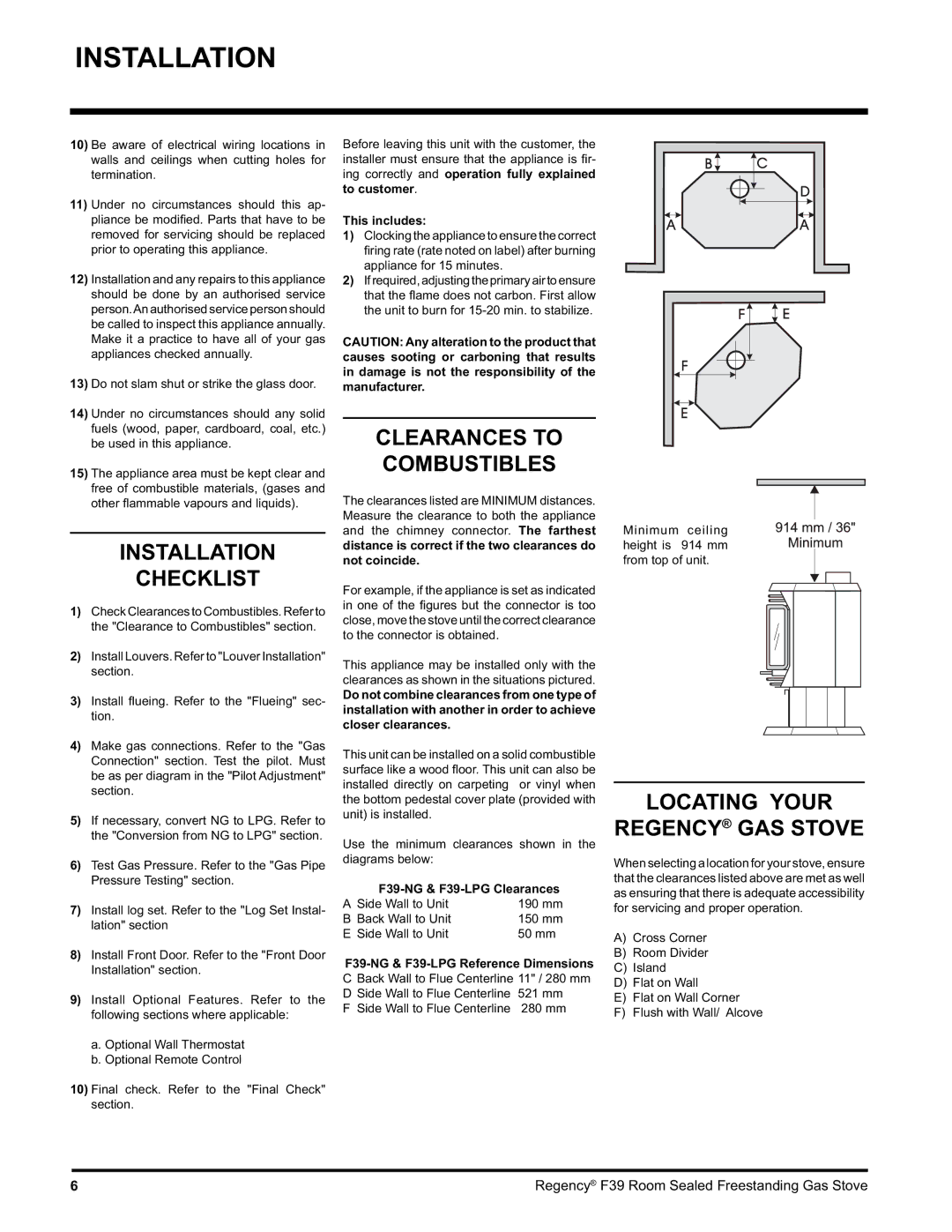 Regency F39-NG, F39-LPG Installation Checklist, Clearances to Combustibles, Locating Your Regency GAS Stove 