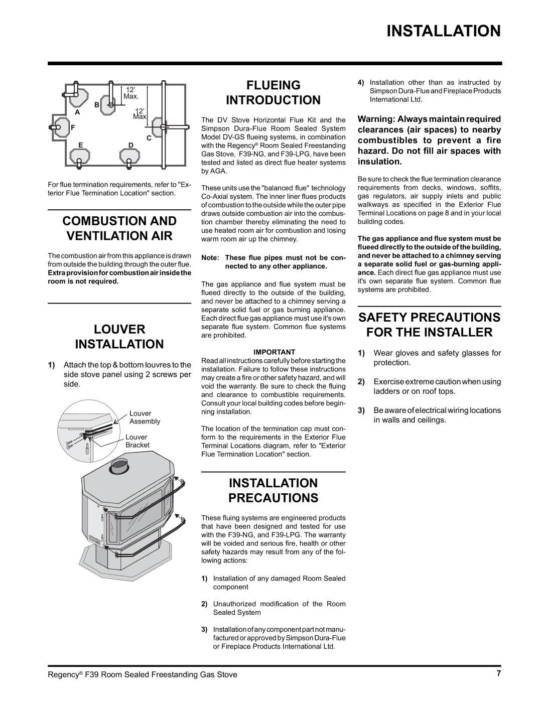 Regency F39-LPG Louver Installation, Flueing Introduction, Installation Precautions, Safety Precautions For the Installer 