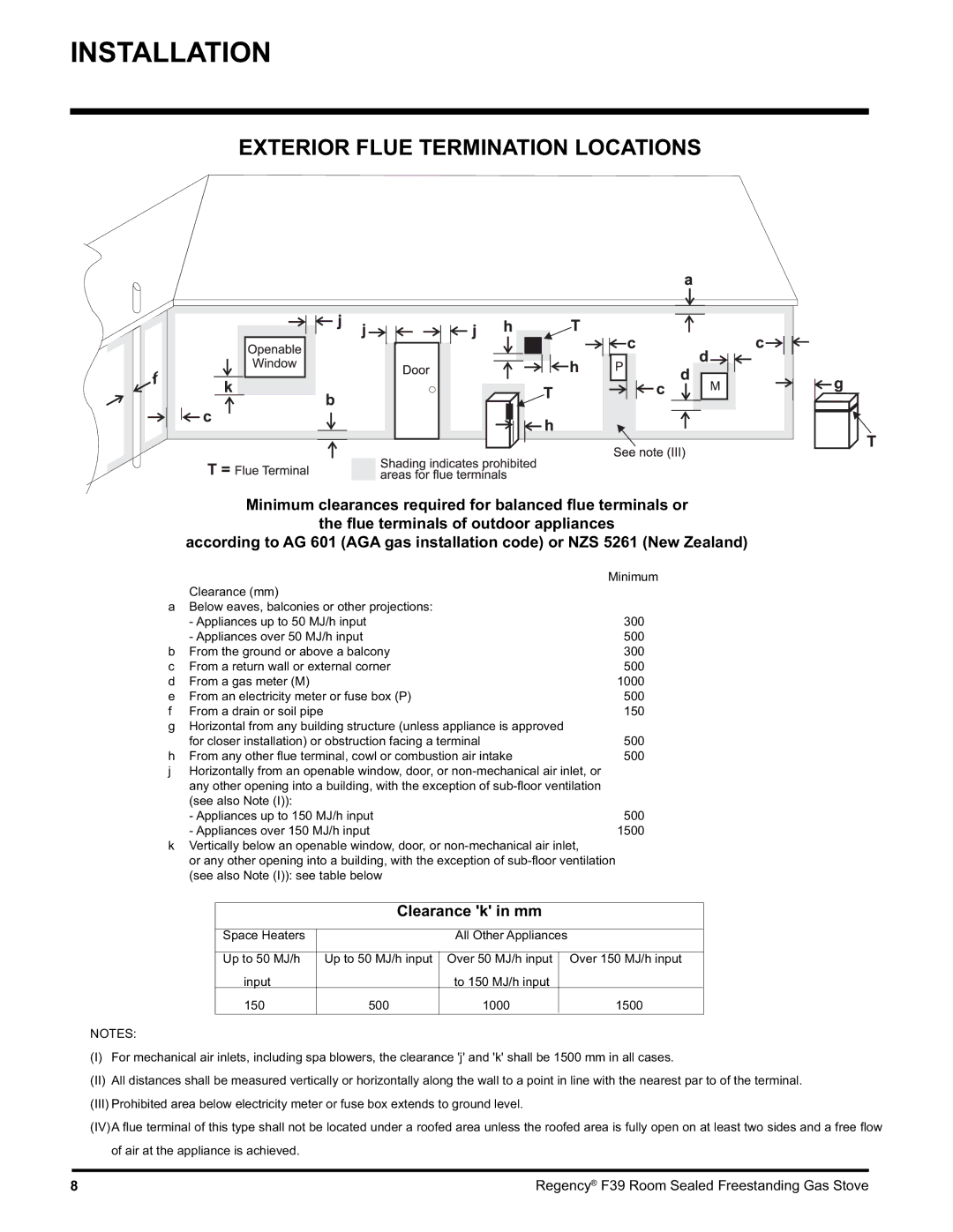 Regency F39-NG, F39-LPG installation manual Exterior Flue Termination Locations, Clearance k in mm, Space Heaters 