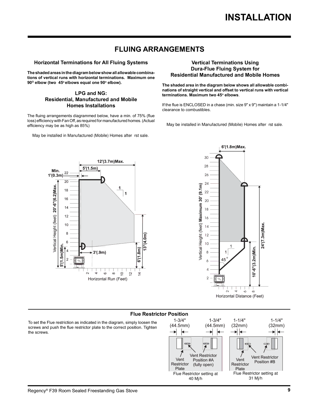 Regency F39-LPG, F39-NG Fluing Arrangements, Horizontal Terminations for All Fluing Systems, Flue Restrictor Position 