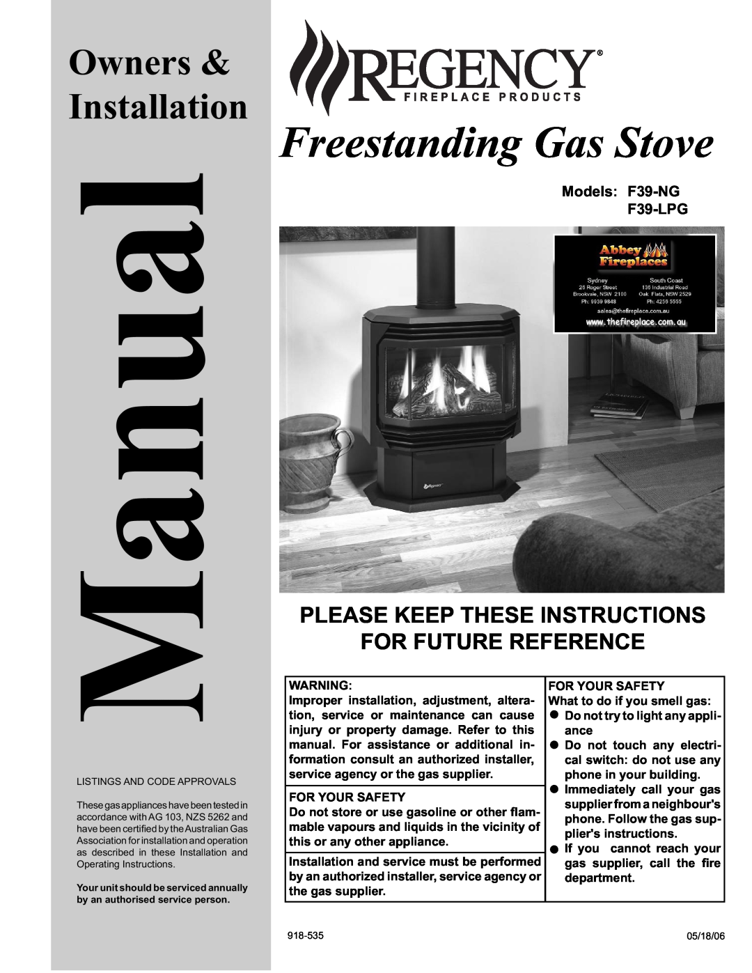 Regency installation manual Please Keep These Instructions, For Future Reference, Models F39-NG F39-LPG, Manual 