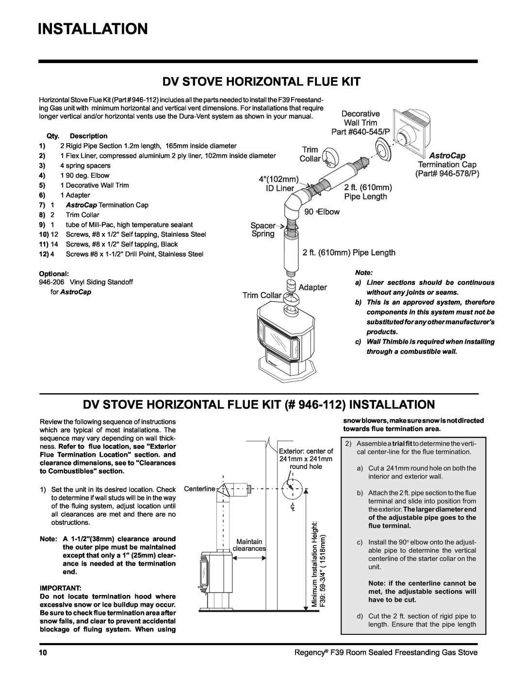 Regency F39-NG, F39-LPG installation manual Dv Stove Horizontal Flue Kit, Installation, Qty. Description, Optional 