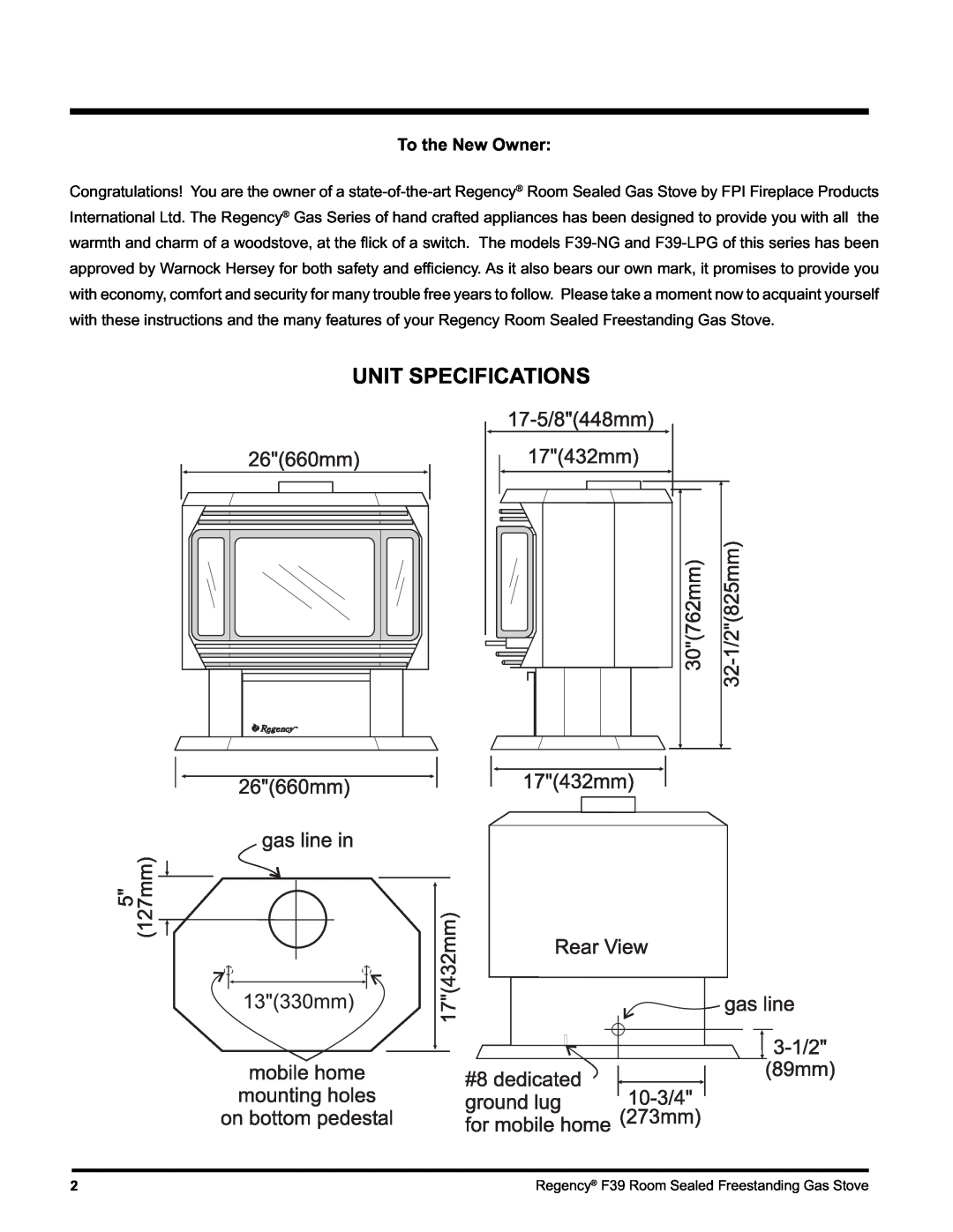Regency F39-NG, F39-LPG installation manual Unit Specifications, To the New Owner 