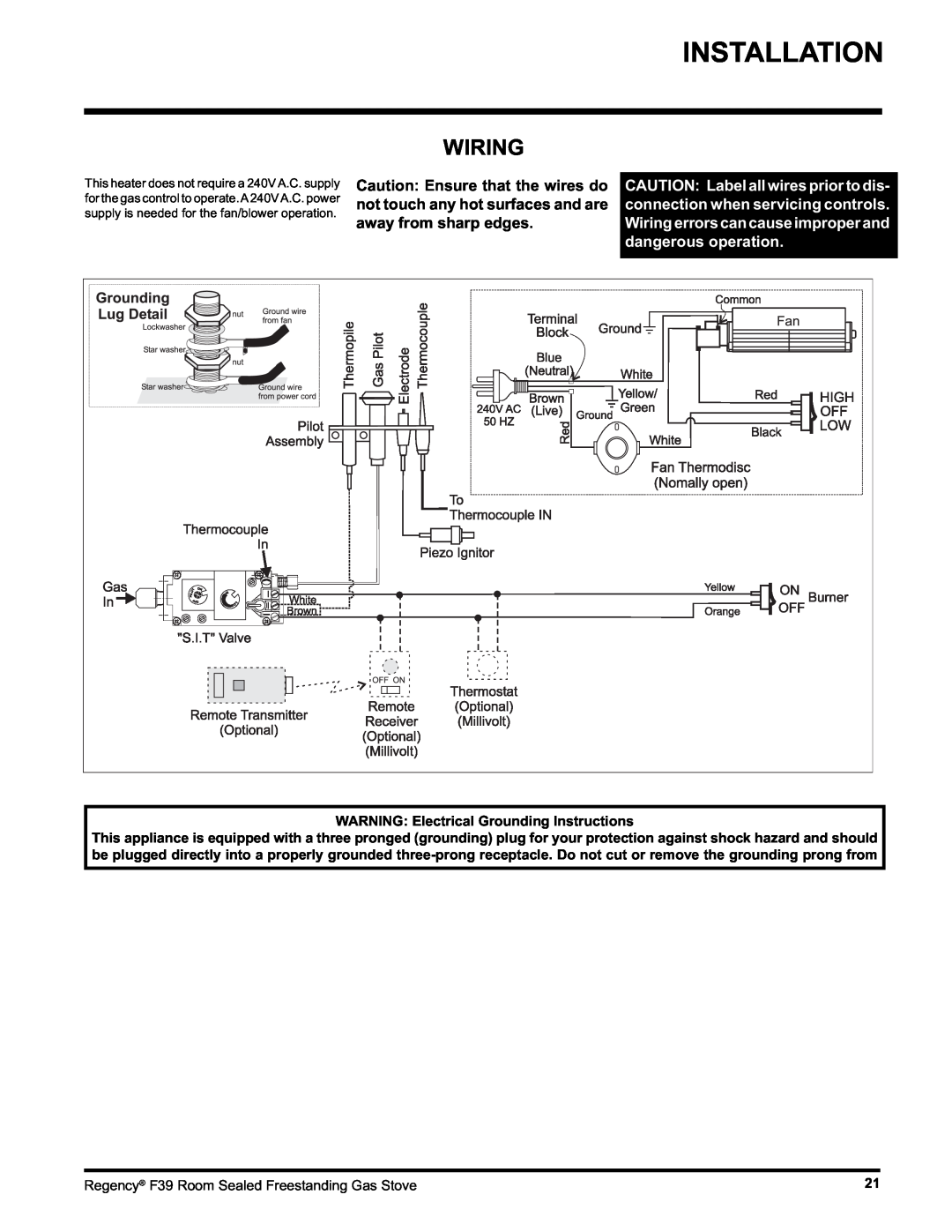 Regency F39-LPG, F39-NG installation manual Wiring, Installation 