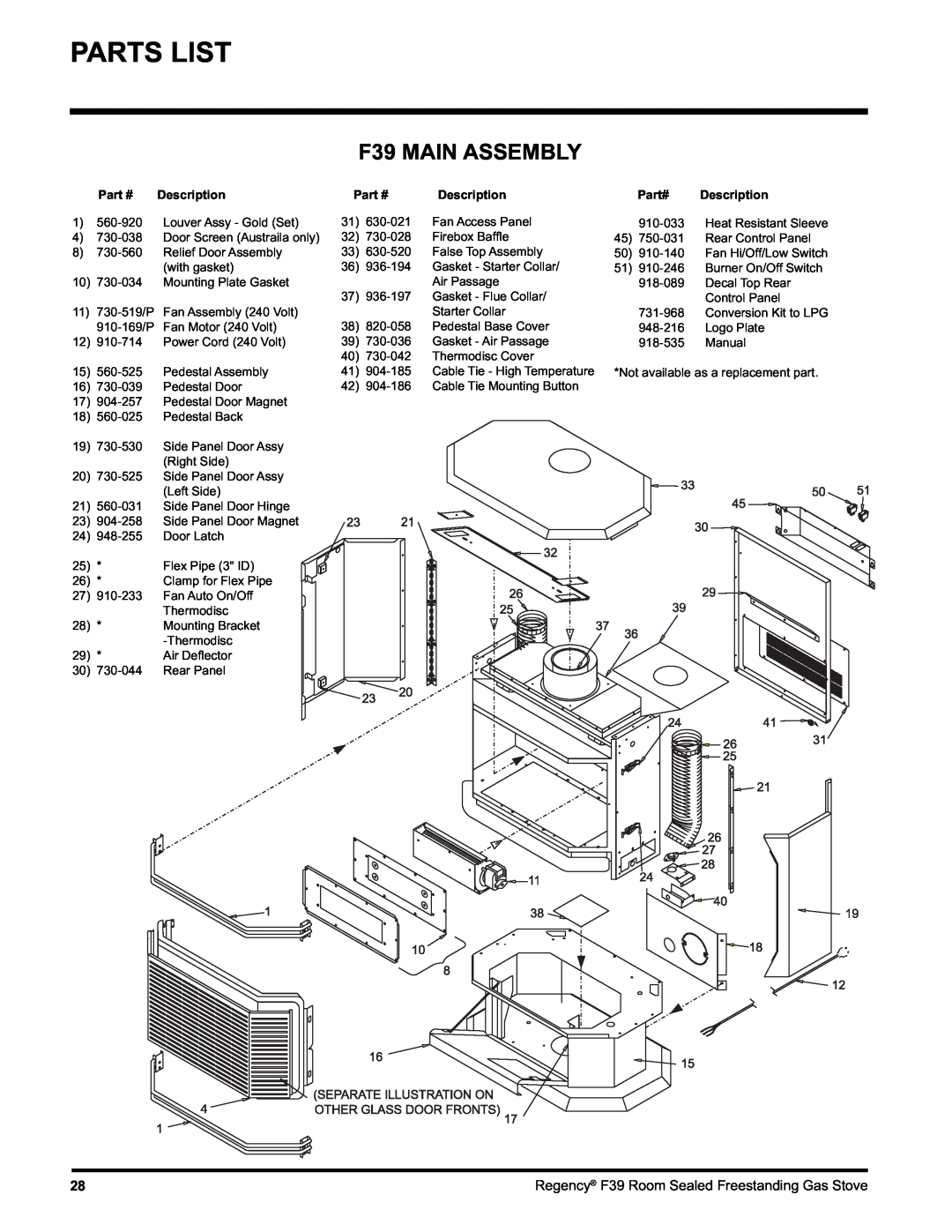 Regency F39-NG, F39-LPG installation manual Parts List, F39 MAIN ASSEMBLY, Part# Description 