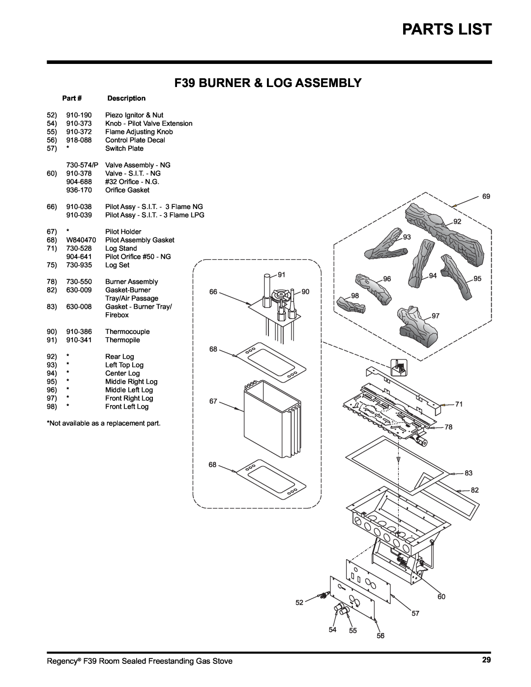 Regency F39-LPG, F39-NG installation manual F39 BURNER & LOG ASSEMBLY, Parts List 