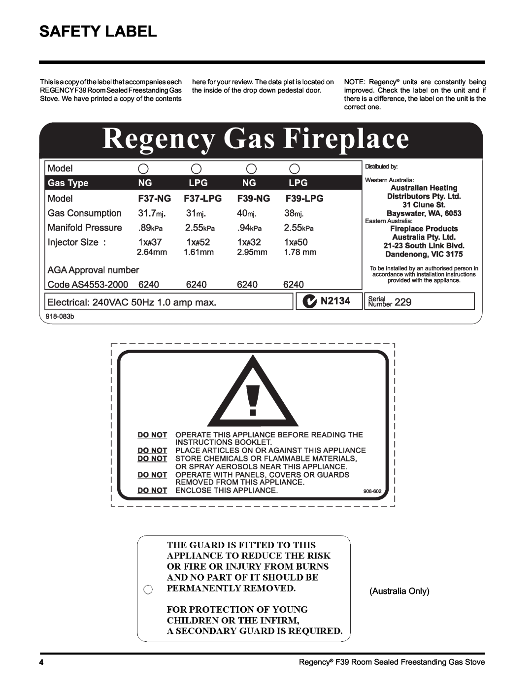 Regency F39-NG, F39-LPG installation manual Safety Label, Australia Only 