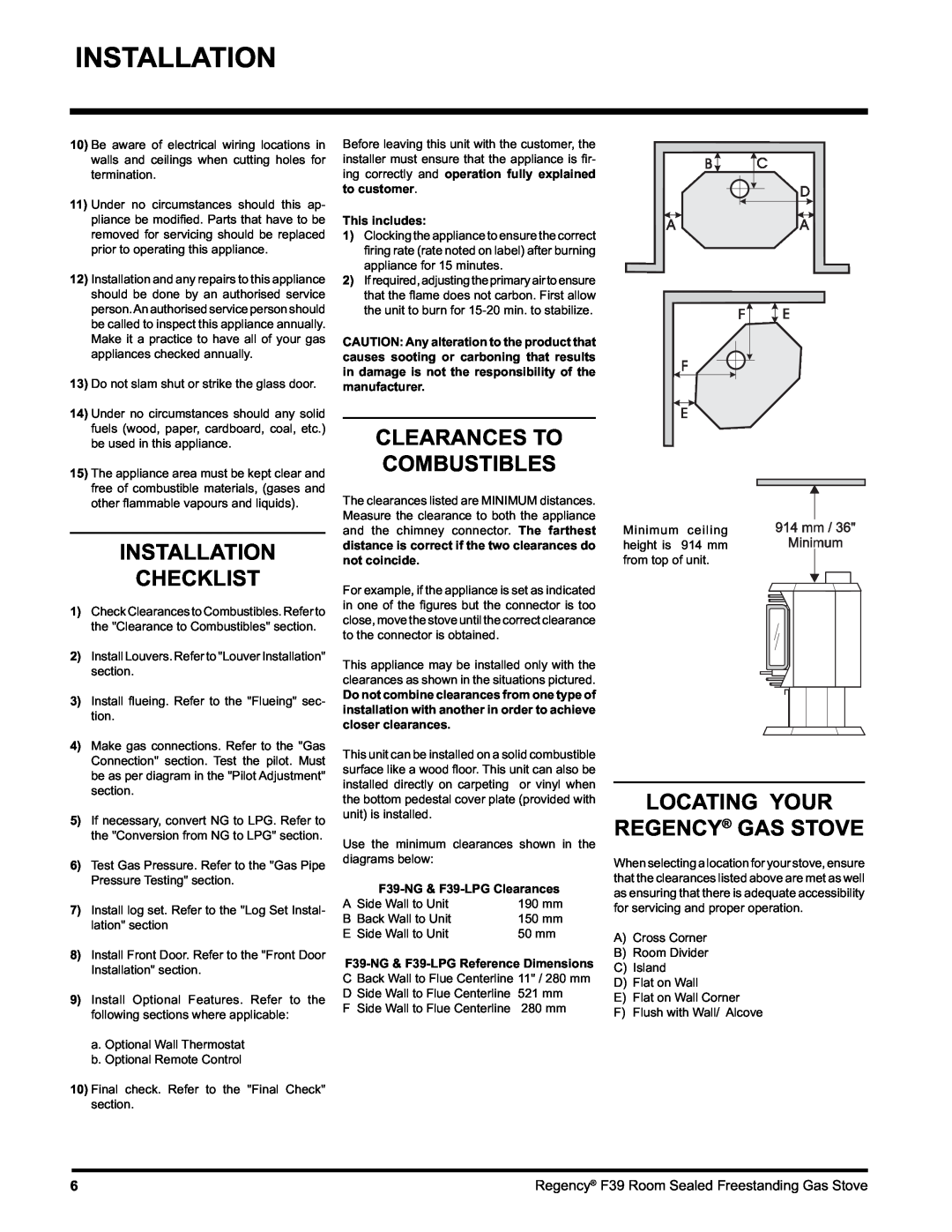 Regency F39-NG, F39-LPG Installation Checklist, Clearances To Combustibles, Locating Your Regency Gas Stove, This includes 