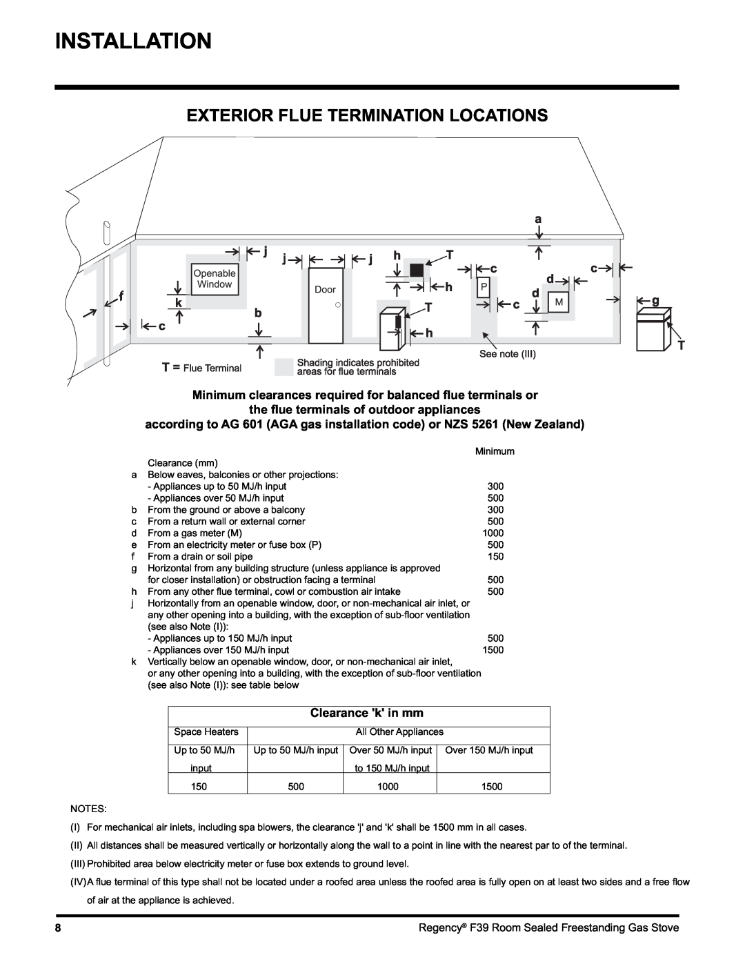 Regency F39-NG, F39-LPG Exterior Flue Termination Locations, the ﬂue terminals of outdoor appliances, Clearance k in mm 